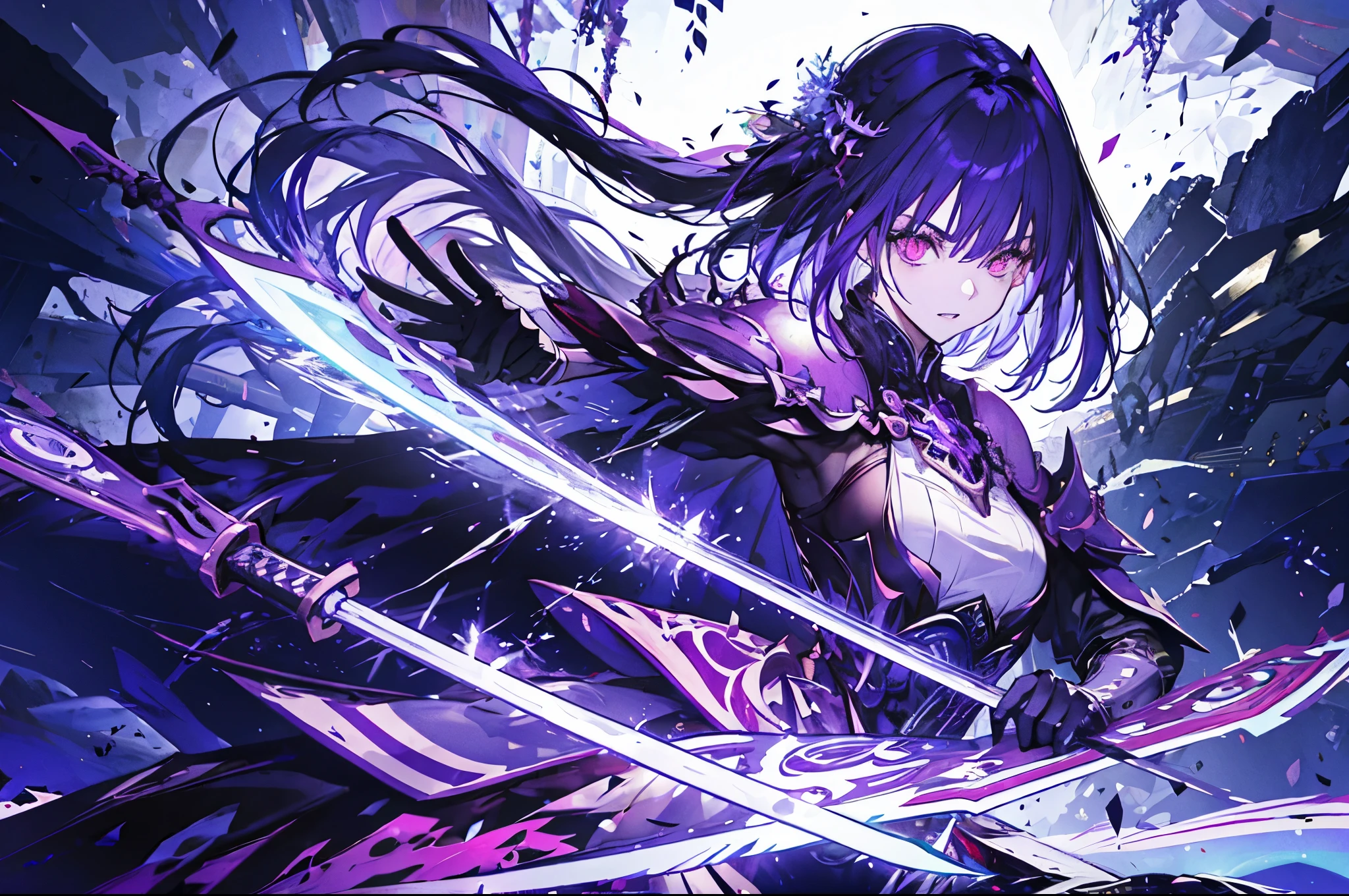 fantastic，epic，Poster style illustration，purple hair，A girl stands on armor，brandishing a sword，With dynamic and magical backgrounds，Prominent and well-designed typographic elements，stood up，confidence，firm，brandishing a sword，epic标题，enchanted forest，glowing runic text，blood red eyes，glowing eyes，glowing eyes，glowing eyes，Dark system