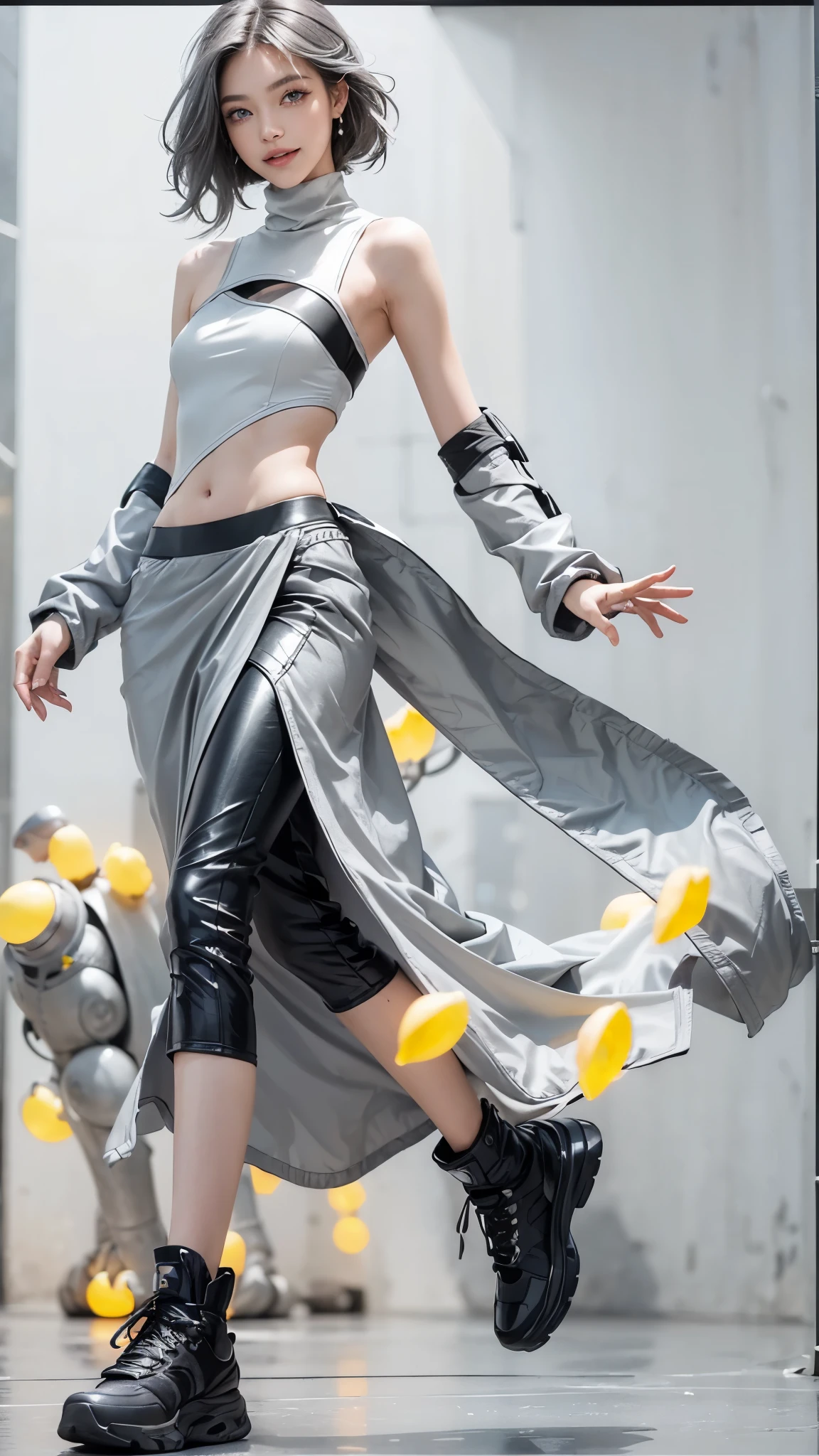 (Realistic:1.2), (fashion portrait:1.6), (brand collection, fashion brand theme:1.6), (detailed, beautiful, masterpiece, best quality:1.2), _ BREAK (1girl:1.2), 22 years old, 160 cm, Japanese cute model, Tightened all body, medium Breasts, small head, small face, diamond Face, small nose, Sharp Faceline, Detailed face, Detailed eyes, young hands and fingers, beautiful hands and fingers, five fingers, _ BREAK (happy, smile, Glossy Lips:1.3), (Light color lips, Half open mouth, beautiful Teeth:1.2), (dropy eyes, Double eyelid, light color eyes, Shiny eyes:1.5), Shiny skin, _ BREAK (arranged hairstyle:1.4), (gray hair, shiny hair, _ BREAK (gray background:1.4), mist, fog _ BREAK (wide angle:1.4), (standing, fashion model pose:1.2), focus face, from below, BREAK (Cyberpunk and wool fusion:1.3), ((wear an oversized black wool turtleneck with rubberized surface) for a luxurious, futuristic, bodysuit, High legs, nylon, and Breaker feel:1.2), (large sleeves:1.2), (7/8 length:1.2), (simple yet cyberpunk-themed design:1.3), BREAK (black and White theme:1.3), (Low rise pants with a black subtle reflective pattern:1.2), (Wear a Low rise long skirt on top:1.4), (Thick sole technical High Sneaker with sleek metal details:1.2), (edgy and versatile:1.2),(Long drooping silver earrings:1.2),