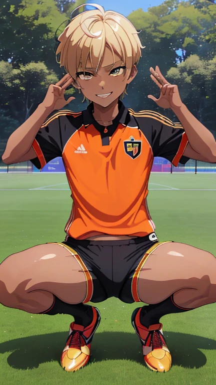 (((official art,Super thin illustration,High resolution, muste piece, best quality,best quality,)))high quality, detailed, ( boy),12 yeaung ace striker male idol with a super cute face,A boy as beautiful as Planding, Cool handsome face with smile, soccer spike, long legs, thighs, Foots, Bulge, (Blonde hair、short hair、Spiky hairstyle)、shiny hair, (tight shiny orange soccer uniform suit), (tight and shiny soccer shorts), (Soccer Socks), grassy area, cool pose, (厚いthighs、Seduce your big ass to your crotch)、(((soccer field in the park)))、((Saucy、))、grinning grin、spread legs,ultra fine painting, (best quality, In 4K, 8K, High resolution, muste piece:1.2),(((Being aware of the sexual gaze of middle-aged gay men)))、Service Shots、(((black skin)))、((detailedな目:1.2))、cute eyes、