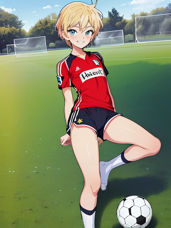 (((official art,Super thin illustration,High resolution, muste piece, best quality,best quality,)))high quality, detailed, ( boy),12 yeaung ace striker male idol with a super cute face,A boy as beautiful as Planding, Cool handsome face with smile, soccer spike, long legs, thighs, Foots, Bulge, (blonde hair、short hair)、shiny hair, (Tight shiny random color soccer uniform suit), (tight and shiny soccer shorts), (Soccer Socks), grassy area, cool pose, (厚いthighs、Seduce your big ass to your crotch)、(((soccer field in the park)))、((Saucy、))、grinning grin、spread legs,ultra fine painting, (best quality, In 4K, 8K, High resolution, muste piece:1.2),(((Being aware of the sexual gaze of middle-aged gay men)))、Service Shots、((detailedな目:1.2))、cute eyes、showing off his big butt、proud butt、hair band,(((seducing)))