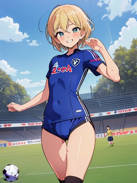 (((official art,Super thin illustration,High resolution, muste piece, best quality,best quality,)))high quality, detailed, (little boy),12 years old, A young ace striker male idol with a super cute face,A boy as beautiful as Planding, Cool handsome face with smile, soccer spike, long legs, thighs, Foots, Bulge, (blonde hair、short hair)、shiny hair, (Tight shiny random color soccer uniform suit), (tight and shiny soccer shorts), (Soccer Socks), grassy area, cool pose, (厚いthighs、Seduce your big ass to your crotch)、(((soccer field in the park)))、((Saucy、))、grinning grin、spread legs,ultra fine painting, (best quality, In 4K, 8K, High resolution, muste piece:1.2),(((Being aware of the sexual gaze of middle-aged gay men)))、Service Shots、((detailedな目:1.2))、cute eyes、showing off his big butt、proud butt、hair band,(((seducing)))