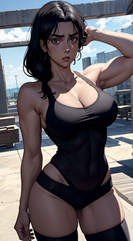 (masterpiece), best quality, expressive black eyes, muscular arms, perfect face, massive breast, standing, wearing a tied t shirt and short pant, front facing, black hair, hair over shoulder, thigh legs , Carla Yeager