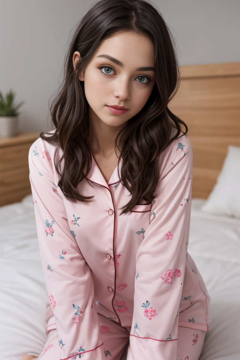 Beautiful girl In cute pink pajamas, beautiful blue eyes