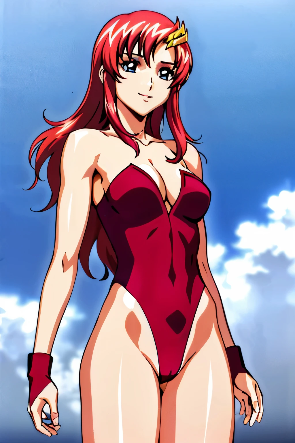 lacus4, solo, gloves, (masterpiece, strapless only, very slim shoulders, 4K, Best Quality, Anime style: 1.9, happy, Adult Woman, (ultra detailed head), (cloud background), Drawing lines, high resolution, lacus4), 1girl, Solo, curvy figure, Long hair, 鎖骨, scapular, (Detailed wide hair bangs, Hair Ornament, Detailed reddish-pink hair, shiny streaks, slim arms, detailed golden crest), cleavage, large hands, (hair cover shoulders). (Big blue eyes, shiny eyes), ((female wrestler, (slim body), little biceps, slim arms, closed fists, thighs)), ((perfect proportions, medium breasts, long belly)), (((very tight leotard, crimson strapless leotard only, red arm band, neck band))), smile, (standing, hot colors), detailed fingers, (bare shoulders)