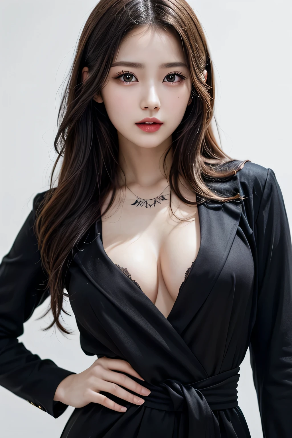 1 girl, beautiful, amazing face and eyes, cosmetic, red glossy lips, (Extremely detailed beautiful face), (The sexiest look), (breasts), ((black suit)), (The character is centered), (Extremely detailed CG unified 8k wallpaper), Very detailed, original photo, Professional photography, standing,Model posing,middle parted hairstyle,((White background)),((Photos above the waist)),Red Lingeri,((STUDIO LIGHT)),There is a tattoo on the chest