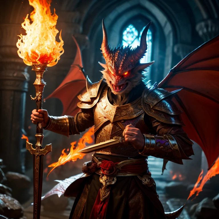 highest quality,4K,8K,High resolution,masterpiece:1.2),Ultra-detailed dragon ,goblin, patron saint,Red Flame,Cinematic,,Strong presence,magic effect,shining eyes,Mysterious雰囲気,Mysterious,fantasy,powerful,leading,Different world