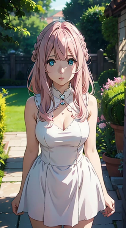 Very Cute girl,big sized boobs,half naked ,ultra realistic eyes, sleeveless white night dress,garden outside, pink colour hair,bright green eyes, ultra realistic detailed eyes, innocent eyes, looking at camera,long pink hair,