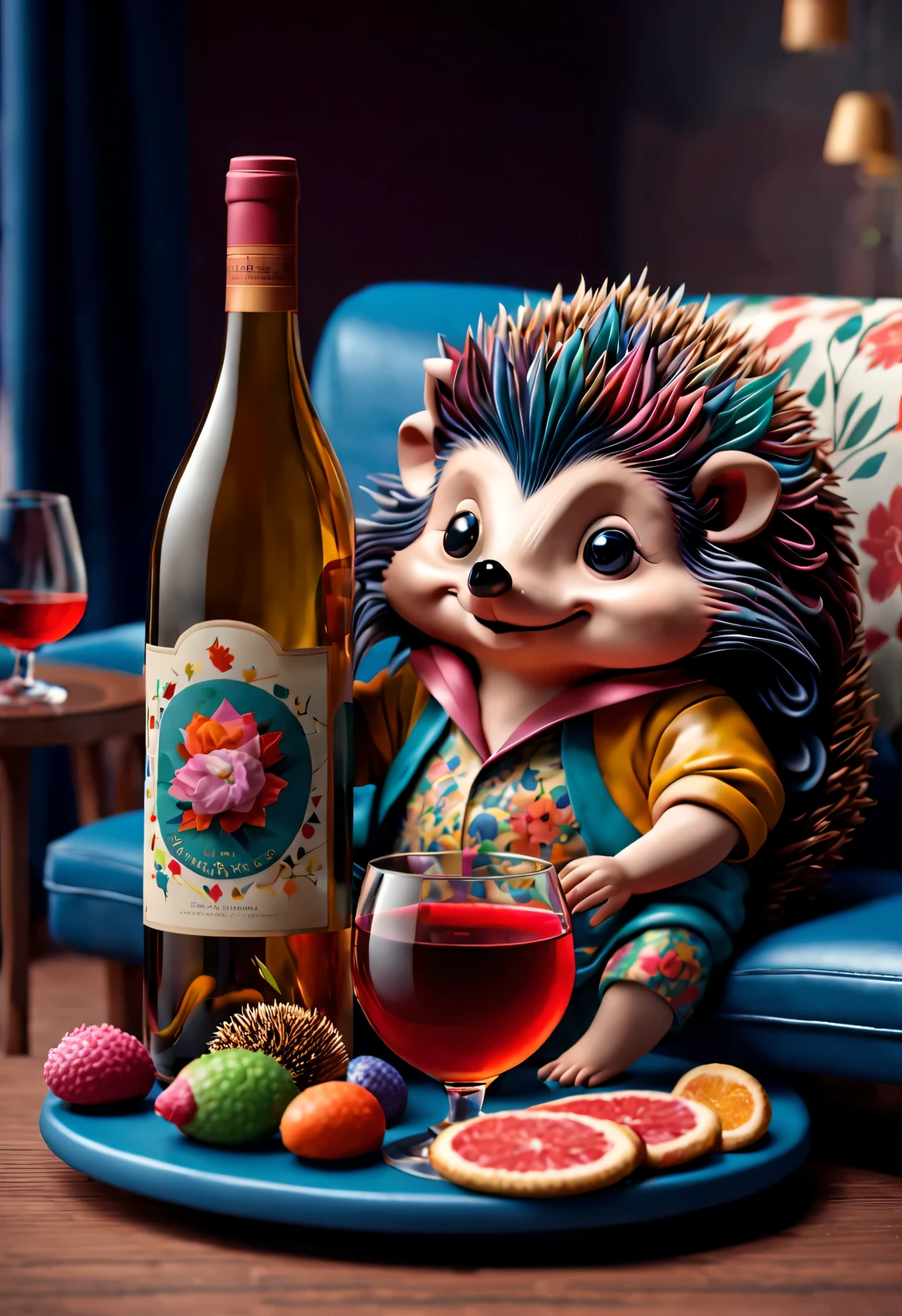 in style of Folk art,（A cute little hedgehog is curled up on the sofa drinking wine），（醉酒of表情：0.9），beauty of details，（Exaggeration of big wine bottle：0.65），（Colored hair or back tattoos，）（穿着嘻哈风格of睡衣，戴着夸张of睡帽，）（Apply the mask to your face：0.8），（Large soft and colorful cushions，）There are many snacks and colorful drink bottles on the ground，Details of details，
background：Comfort and comfort of living room 3D rendering，
cartoon，illustration，Pixar，cartoon，ultra high definition，high quality，32k，of，

