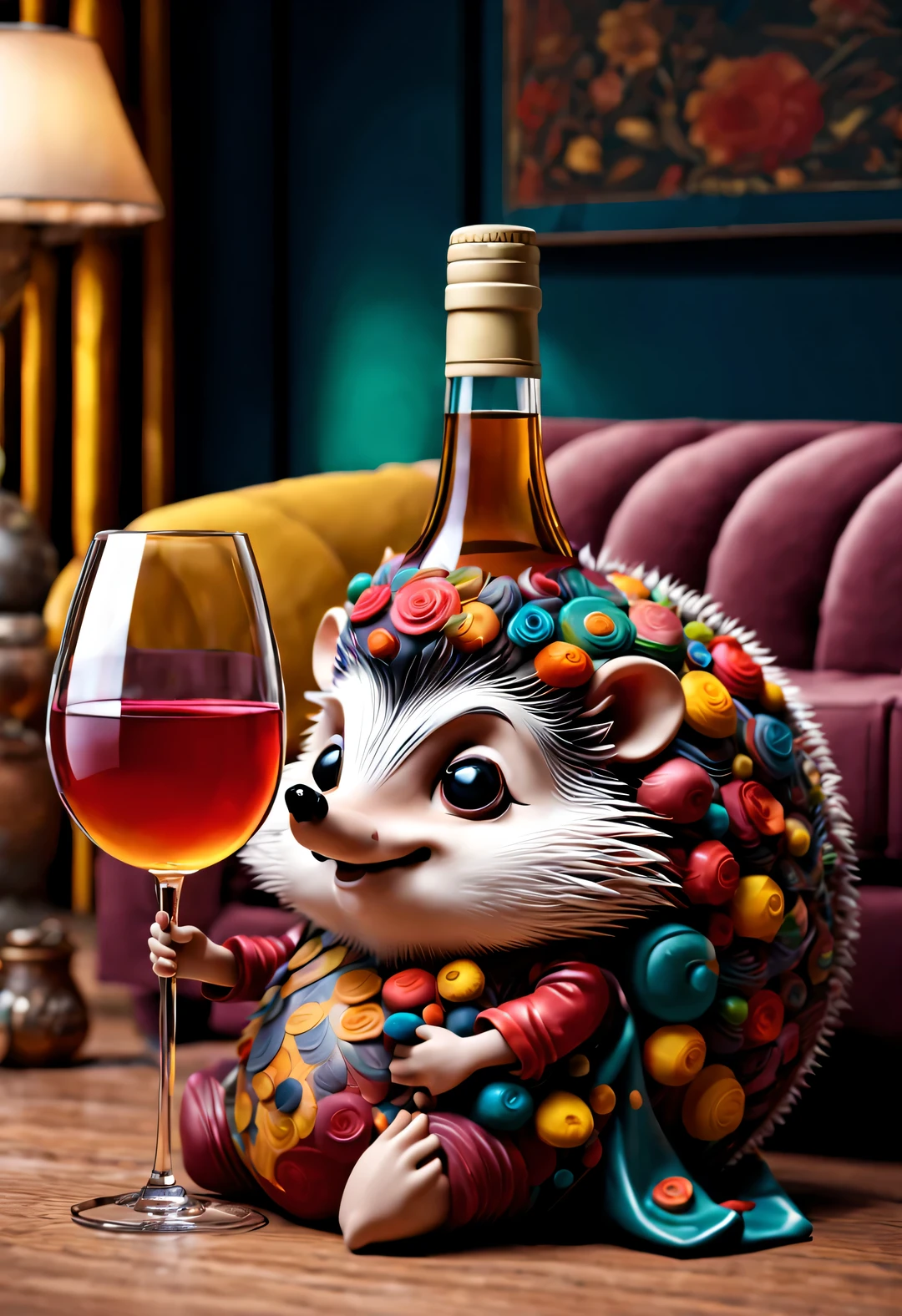 in style of Folk art,（A cute little hedgehog is curled up on the sofa drinking wine），（醉酒of表情：0.9），beauty of details，（Exaggeration of big wine bottle：0.65），（Colored hair or back tattoos，）（穿着嘻哈风格of睡衣，戴着夸张of睡帽，）（Apply the mask to your face：0.8），（Large soft and colorful cushions，）There are many snacks and colorful drink bottles on the ground，Details of details，
background：Comfort and comfort of living room 3D rendering，
cartoon，illustration，Pixar，cartoon，ultra high definition，high quality，32k，of，

