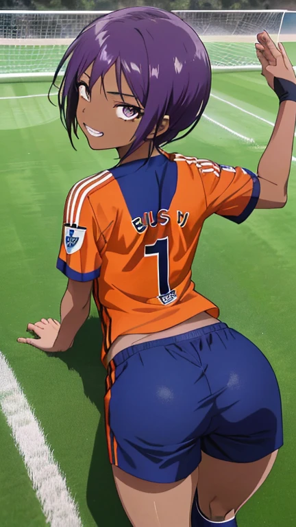 (((official art,Super thin illustration,High resolution, muste piece, best quality,best quality,)))high quality, detailed, ( boy),12 yeaung ace striker male idol with a super cute face,A boy as beautiful as Planding, Cool handsome face with smile, soccer spike, long legs, thighs, Foots, Bulge, (purple hair、short hair、Spiky hairstyle)、shiny hair, (tight shiny orange soccer uniform suit), (tight and shiny soccer shorts), (Soccer Socks), grassy area, cool pose, (厚いthighs、Seduce your big ass to your crotch)、(((Park soccer facility)))、((Saucy、))、grinning grin、spread legs,ultra fine painting, (best quality, In 4K, 8K, High resolution, muste piece:1.2),(((Being aware of the sexual gaze of middle-aged gay men)))、Service Shots、(((black skin)))、((detailedな目:1.2))、cute eyes、