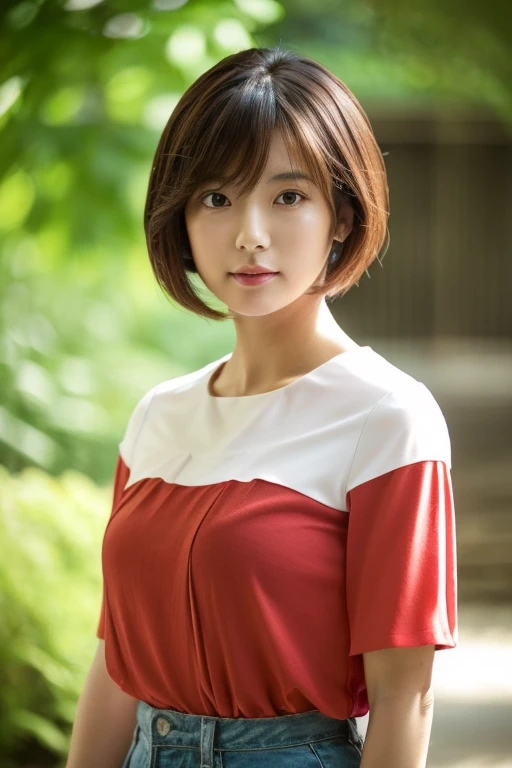 Live-action thin Japanese woman standing facing forward, Her face is Minami Hamabe, a Japanese actress., Standing posture, Camera is front (detailed costumes: Fluffy short sleeve red blouse, Fluttering white miniskirt with many folds) (Body details:lean body, Height: 155cm, Bust 75cm, Waist 55cm, Hip 85cm, Healthy thighs) (detailed background, green leaves on old brick)(Detailed model figure:face is facing the camera, The body is facing the camera) (Photo composition:Front of the body, Photo from thighs up,looking at the camera, Photo from the front) (hair details:Bob cut brown hair)