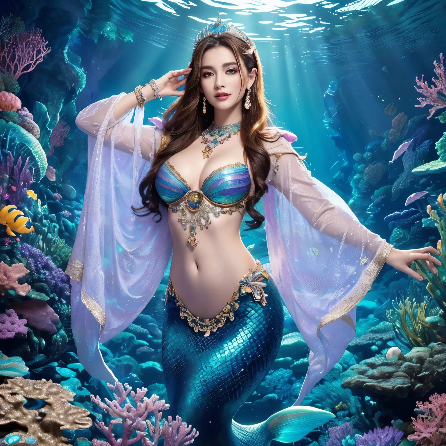 (highest quality、table top、8K、best image quality、hyper realism)、(Little mermaid in the most luxurious and majestic costume:1.1)、(Luxurious transparent sleeve:1.1)、(Mermaid goddess swimming in the beautiful rocky area of the deep sea.:1.2)、(Extremely complex and detailed ocean depictions:1.1)、(There are many beautiful small tropical fish and corals in the sea...........:1.1)、(The most luxurious and luxurious underwater temple:1.3)、(Mysterious and most splendid gigantic Atlantis:1.3)、(Detailed depiction of the beautiful ocean:1.1)、(Unimaginably beautiful and mysterious underwater depictions:1.1)、(Sparkling pink and purple、Realistic scales that shine in every detail:1.2)、(Mermaid goddess swimming in the beautiful rocky area of the deep sea 上半身写真:1.1)、(Accurate mermaid tail and beautiful fins)、Beautiful sea that shines intricately、Clear and detailed background,、(accurate anatomy:1.2)、(perfect hands:1.1)、(The most luxurious and finest jewelry decoration throughout the body:1.1)、golden decoration、the most gorgeous goddess sleeves、the most luxurious decoration、large amount of intricate gemstones、beautiful brown hair、Highly detailed pink and purple scales、(最も贅沢でhighest qualityの巨大ティアラ:1.1)、(that'that'that'that'that'It's very vivid, Fantastic and mysterious:1.2)、(最も贅沢でhighest qualityのジャイアントネックレス)、Beautiful purple and pink tail of a mermaid、perfect makeup、(the best smile when you look at me:1.1)