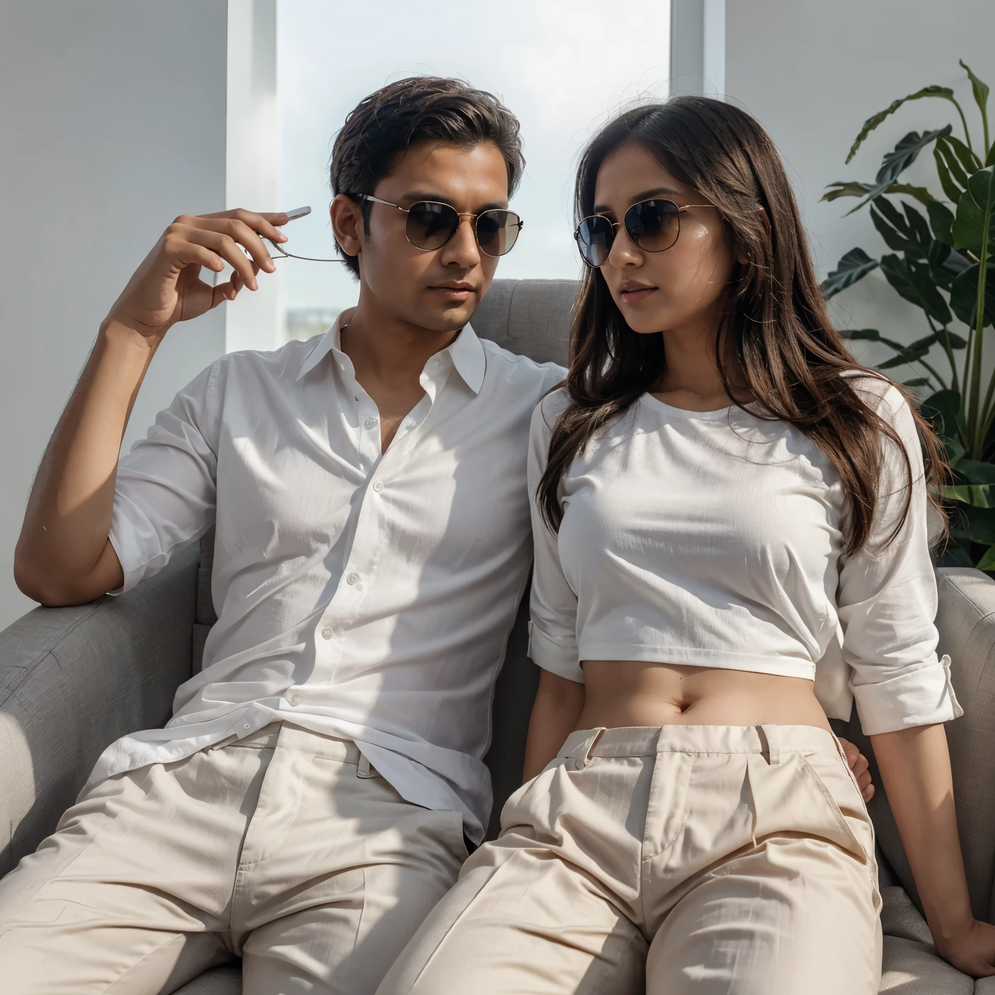Create a 3D realistic image for a profile picture 21-year-old couple sitting comfortably in wing chair. The boy is wearing a White shirt and piack pant and sunglasses. And the girl is wearing a White saree and sunglasses. they are looking ahead. "Animesh" and "Soumi" are written in large bold font just above of them on the grey wall in the background
