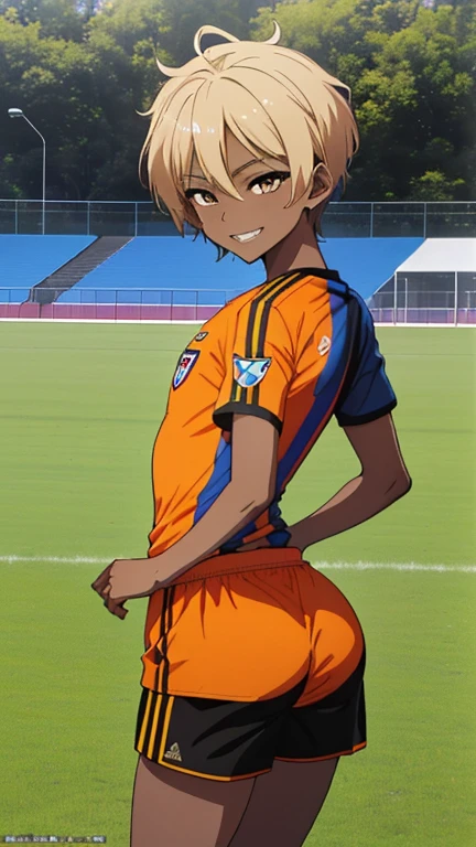 (((official art,Super thin illustration,High resolution, muste piece, best quality,best quality,)))high quality, detailed, ( boy),12 yeaung ace striker male idol with a super cute face,A boy as beautiful as Planding, Cool handsome face with smile, soccer spike, long legs, thighs, Foots, Bulge, (Blonde hair、short hair、Spiky hairstyle)、shiny hair, (tight shiny orange soccer uniform suit), (tight and shiny soccer shorts), (Soccer Socks), grassy area, cool pose, (厚いthighs、Seduce your big ass to your crotch)、(((soccer field in the park)))、((Saucy、))、grinning grin,ultra fine painting, (best quality, In 4K, 8K, High resolution, muste piece:1.2),(((Being aware of the sexual gaze of middle-aged gay men)))、Service Shots、(((black skin)))、((detailedな目:1.2))、cute eyes、