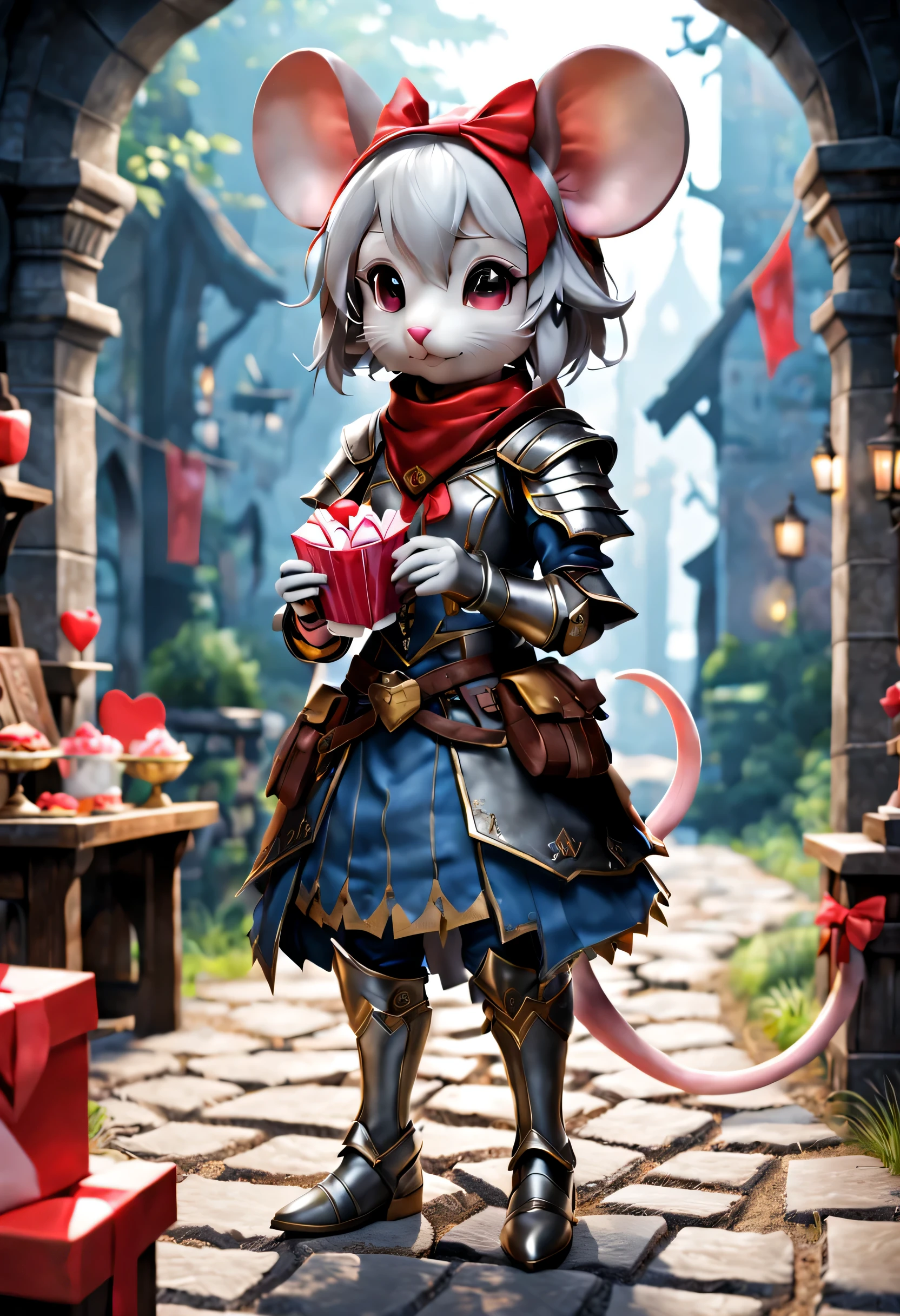 Full body Esbian、Cool Female Mouse、Cool Female Mouse、thin、expensive、Also々new expression、diorama、simple background、background white、Red bandana、holding valentine chocolate in hand、knight、masterpiece, highest quality, Capture the cutest moments, written boundary depth, Super detailed, ultra high resolution, octadale, 8K, 16km race