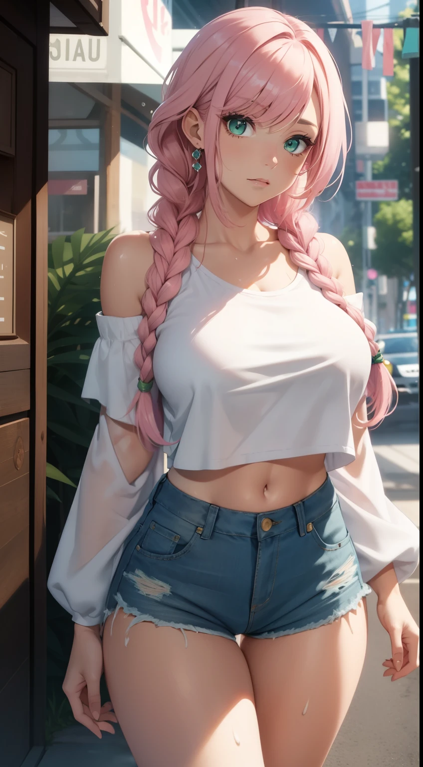 ((Best quality,8K,tmasterpiece:1.4)), Pink hair,Long braid on one side, exteriors, Pure white off-the-shoulder top,huge tit,Bare lower chest, shiny skins,sweat leggs,tight ripped denim shorts, Green eyes