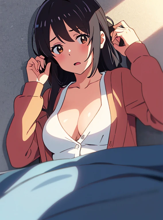shinkai makoto, kimi no na wa., 1girl, bangs, black hair, brown eyes, worried eyes, open mouth, twisted half up, red ribbon, long hair, long sleeve light yellow cardigan, open shirt, white shirt, cleavage, breast, medium breast, blue pants, name tag written "LUMINE Miyamizu", looking at the viewer, arms up, lying, lying on wall, POV (pov viewer's hands holding girl's wrist), upper body, masterpiece, perfect anatomy, cowboyshot , POV (pov viewer's hands holding girl's wrist)