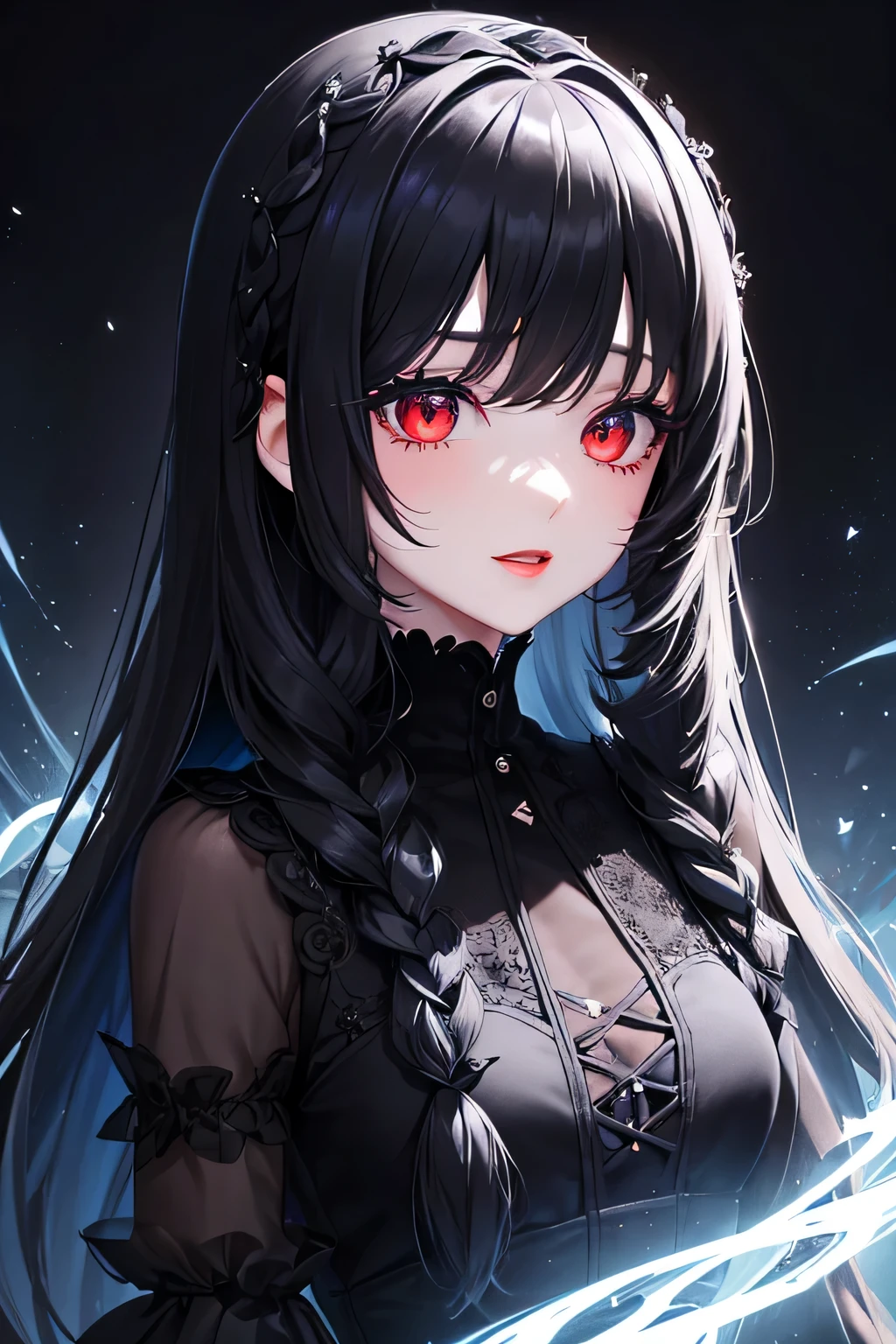 1 girl,Depp's Sense,confused,catch light,Super beautiful illustration,ice,magic,(black color,long hairstyles:1.3),dark dark eyeshadow,bright red lipstick,Gothic Lolita,;d,beautiful and delicate hair,delicate and detailed red eyes,blue shining light effect