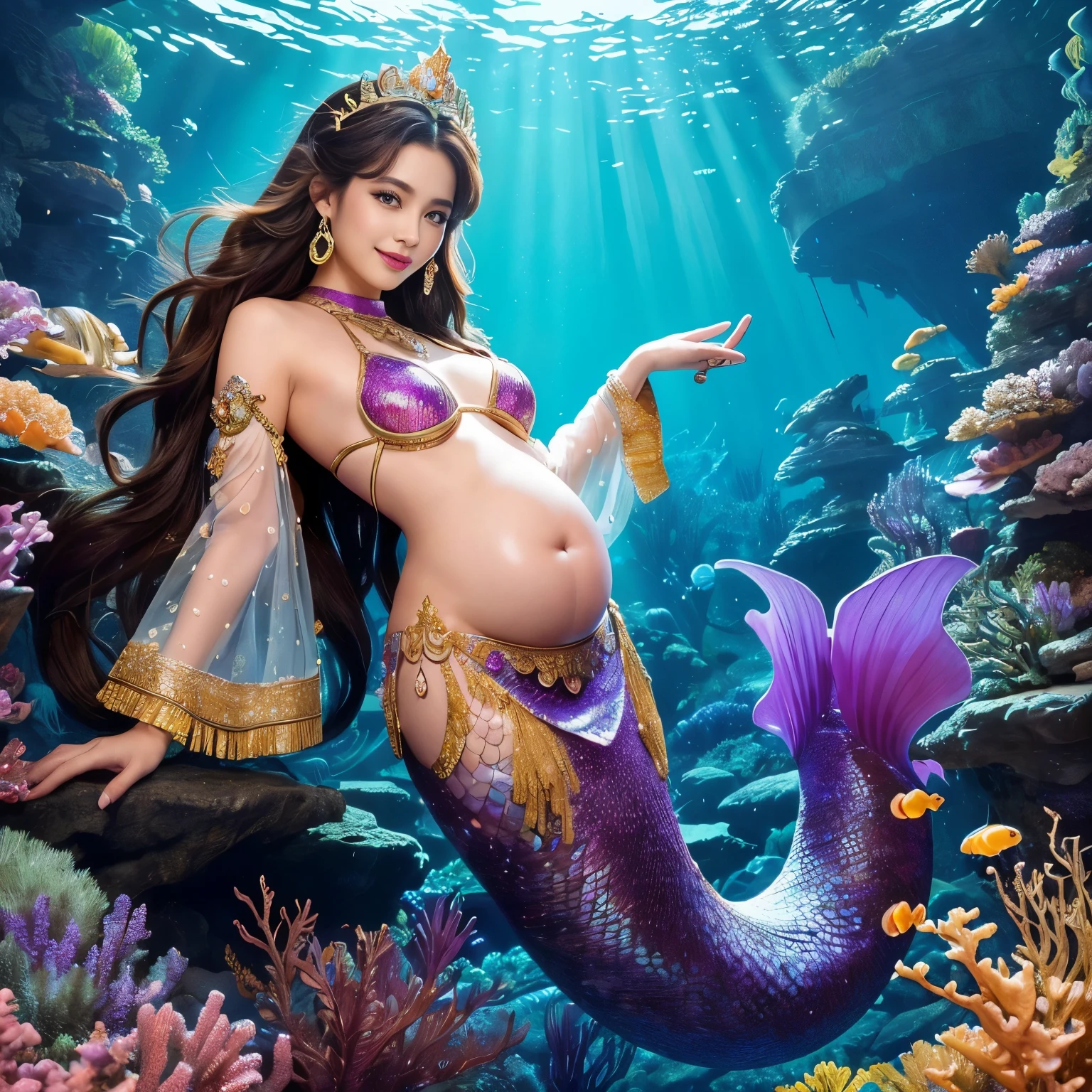 (highest quality、table top、8K、best image quality、hyper realism)、(Little mermaid in the most luxurious and majestic costume:1.1)、(Luxurious transparent sleeve:1.1)、(Mermaid goddess swimming in the beautiful rocky area of the deep sea.:1.2)、(Extremely complex and detailed ocean depictions:1.1)、(There are many beautiful small tropical fish and corals in the sea...........:1.1)、(The most luxurious and luxurious underwater temple:1.3)、(Mysterious and most splendid gigantic Atlantis:1.3)、(Detailed depiction of the beautiful ocean:1.1)、(Unimaginably beautiful and mysterious underwater depictions:1.1)、(Sparkling pink and purple、Realistic scales that shine in every detail:1.2)、(Mermaid goddess swimming in the beautiful rocky area of the deep sea 上半身写真:1.1)、(Accurate mermaid tail and beautiful fins)、Beautiful sea that shines intricately、Clear and detailed background,、(accurate anatomy:1.2)、(perfect hands:1.1)、(The most luxurious and finest jewelry decoration throughout the body:1.1)、golden decoration、the most gorgeous goddess sleeves、the most luxurious decoration、large amount of intricate gemstones、beautiful brown hair、Highly detailed pink and purple scales、(最も贅沢でhighest qualityの巨大ティアラ:1.1)、(that'that'that'that'that'It's very vivid, Fantastic and mysterious:1.2)、(最も贅沢でhighest qualityのジャイアントネックレス)、Beautiful purple and pink tail of a mermaid、perfect makeup、(the best smile when you look at me:1.1)、(slightly pregnant)