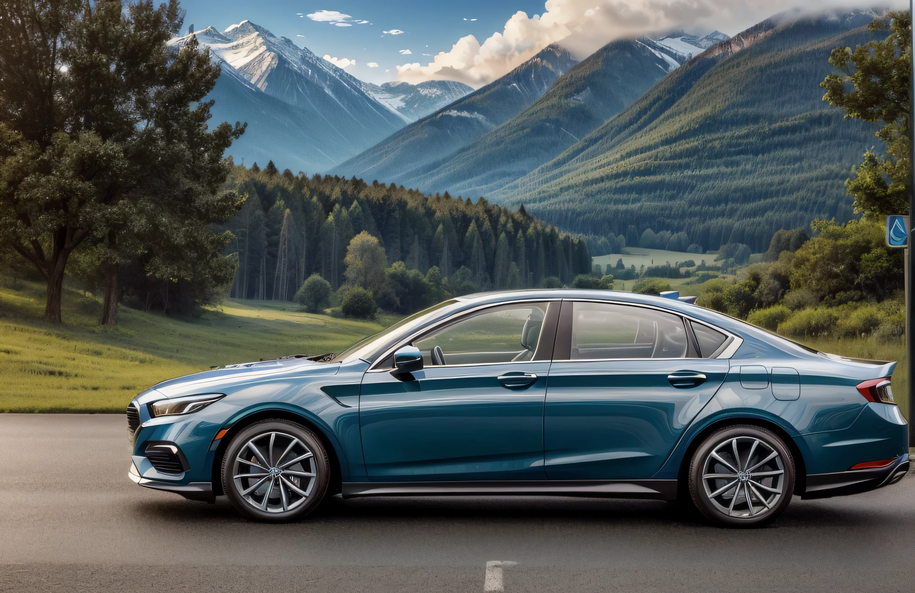 (Masterpiece, best quality, best detail, photorealistic, award winning photography :1.5), Create image of , a sedan car, side view, on the road, beautiful nature view in background, hyper detail, hyper realistic, advertise billboard style.