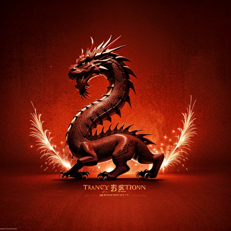 Chinese dragon traditional element pattern,wallpaper,red background,There are fireworks on it