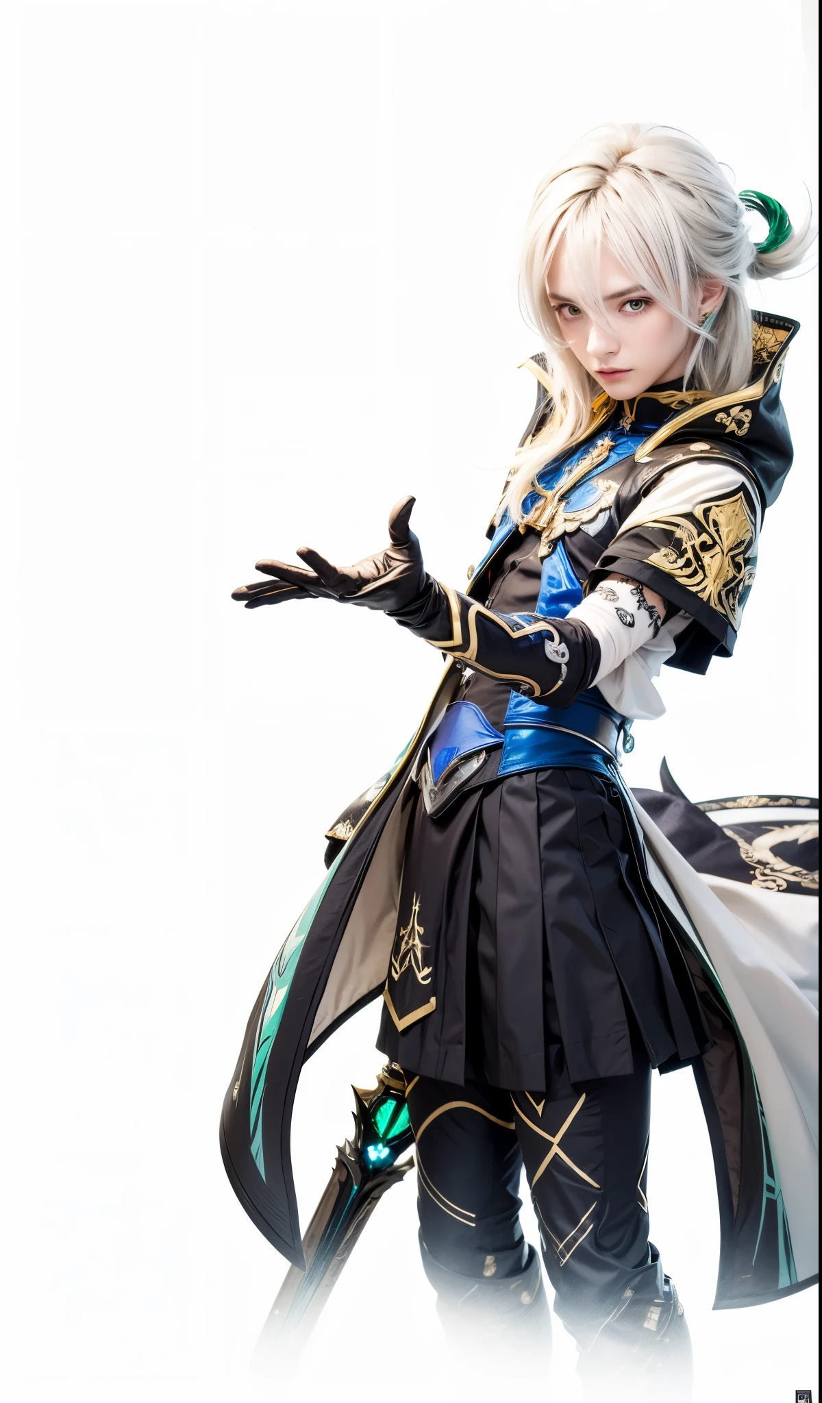 Albedo, genshin impact, mondstadt, male, silver hair, emerald green eyes, blue top covers stomach, white cape