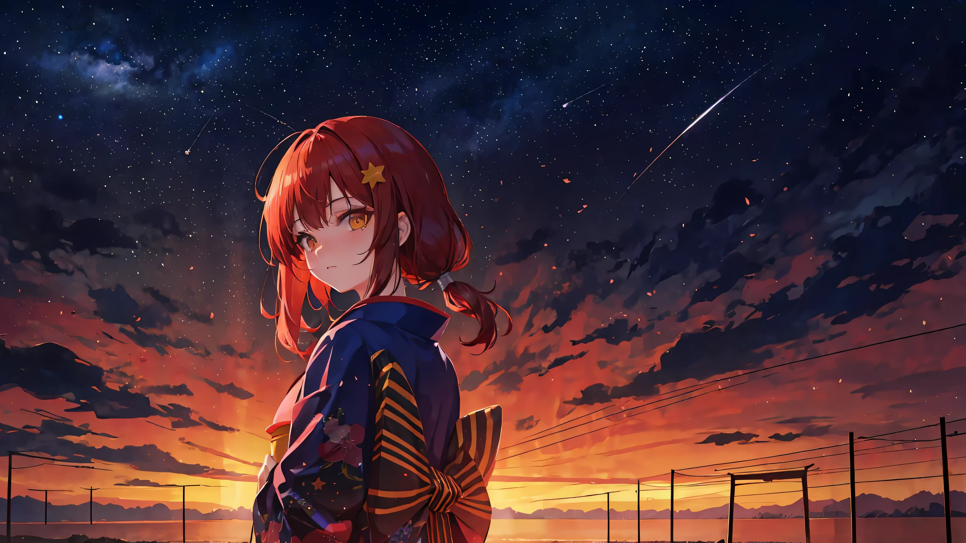 1 chica, distant girl wearing a kimono staring at the estrellas, chica de pelo rojo completo, coletas y pelo liso con flequillo, pelo medio, ojos amarillos, yo girl (alejado:1.1), (lluvia de meteoros:1.2), (cometa:1.1), Su nombre, low angle, from behind, Aroura boreal, estrella fugaz, Yukata, kimono, Flores de cerezo, parado en un campo, Mejor calidad, obra maestra, Nube, vistoso, estrellado, estrellas,