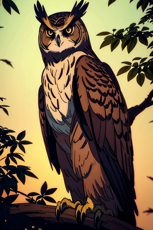 Eurasian eagle owl,brown eyes,bird of prey,sitting on a branch,nighttime,peaceful atmosphere,mappa art style,majestic,beautiful feathers,intense gaze,proud posture,imposing silhouette,sharp talons,feathery details,lush foliage surrounding the owl,dimly lit scene,dark color palette,dreamy ambiance,mystical aura,majestic creature