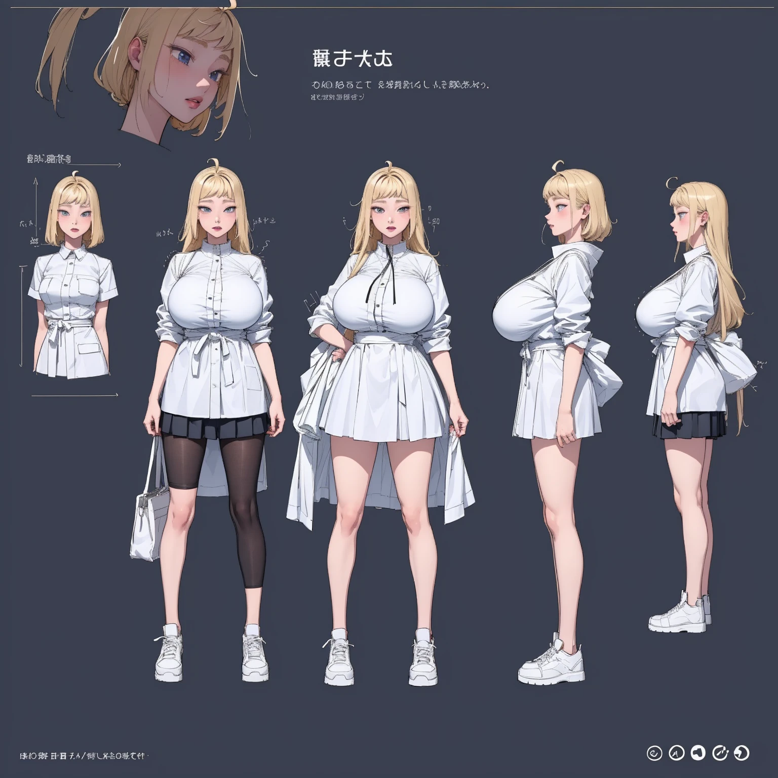 girl, solo, full body, from head to toe, standing, (Huge_Breasts:1.3), short skirt,

Character Design Sheet, character reference sheet, character turn around,

minami_fuyuki, ahoge,