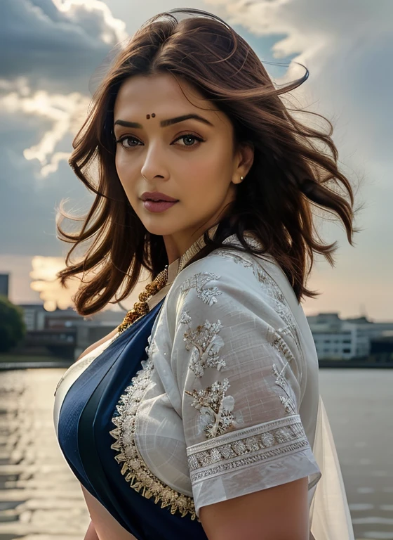 cowboy shot scenic professional photograph of RAW photo, photorealistic, [:intricate details:0.3], best quality, photo of beautiful Aishwarya Rai Bachchan Indian actress 45y old woman, with brown hair, detailed skin, (like a plus size:1.1), (beautiful round shape breasts:1.1), (big ass:1.1), ( white, red, blue, color saree with blouse), 1girl, graceful body structure, from front, looking at viewer, cowboy shot, in outdoor London town city, natural color, perfect viewpoint, highly detailed, wide-angle lens, hyper realistic, with dramatic sky, polarizing filter, natural lighting, vivid colors, everything in sharp focus, HDR, UHD, 64K Photorealistic, Hyperrealistic, Hyperdetailed, analog style, detailed skin, matte skin, soft lighting, subsurface scattering, realistic, heavy shadow, masterpiece, best quality, ultra realistic, 8k, golden ratio, Intricate, High Detail, film photography, soft focus