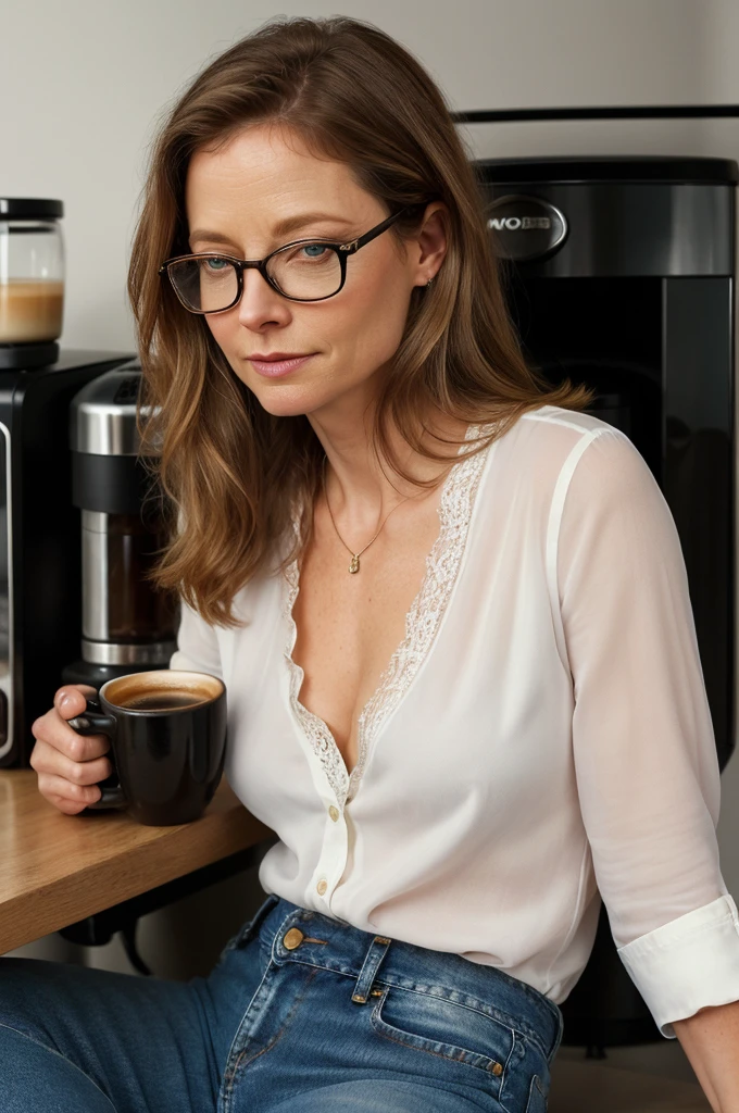 Jodie Foster,cleavage,blonde aged,long hair,light brown eyes,spectacled,jeans,white lace blouse,coffee maker,(best quality,4k,8k,highres,masterpiece:1.2),ultra-detailed,(realistic,photorealistic,photo-realistic:1.37),portrait,vivid colors,soft lighting