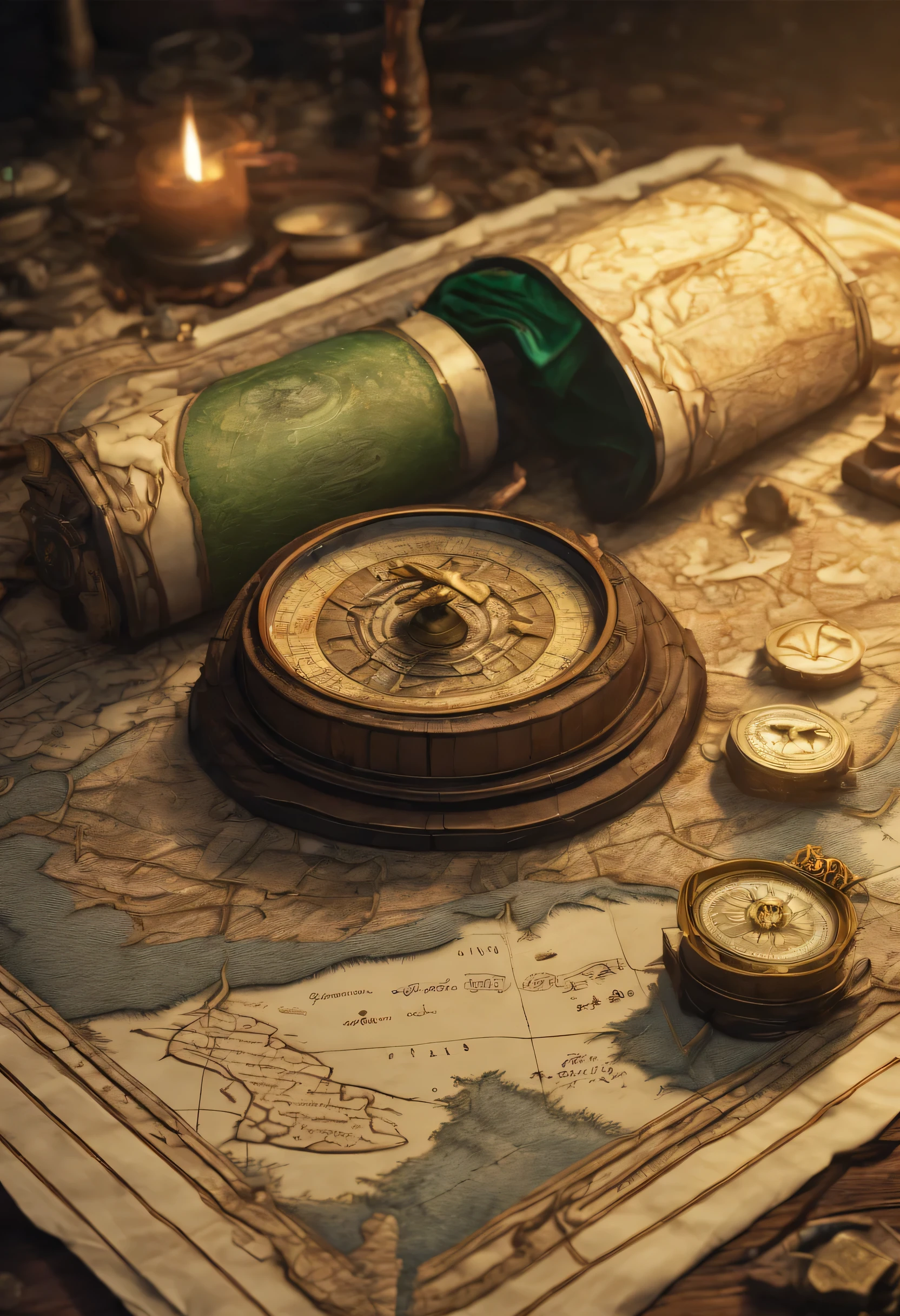 (high quality,realistic,ultra-detailed,fine art,photorealistic:1.2),large, rustic wooden table with a High Fantasy treasure map skillfully rolled out on top, portraying intricate pathways and landmarks. The map displays a hidden dragon treasure hoard, shrouded in mystery and adventure. The corners of the map are slightly frayed, indicating its age and authenticity. Ancient symbols and enigmatic script are meticulously etched onto the parchment, providing ancient clues and hints to the location of the elusive dragon's wealth.

The table is adorned with various tools of exploration, such as a compass, magnifying glass, and an aged quill pen with a bottle of ink nearby. Candlelight softly illuminates the scene, casting dancing shadows on the map, adding an aura of enchantment. The flickering flames create a captivating atmosphere, enhancing the overall sense of anticipation and excitement.

Delicate rays of sunlight gently filter through a nearby stained glass window, casting vibrant hues of emerald, sapphire, and gold onto the map's surface. The colors reflect the magical elements present in the realm where the treasure is said to reside, further captivating the viewers.

Around the table, a group of intrepid adventurers gather, their faces filled with curiosity and determination. Dressed in a mixture of medieval armor, flowing cloaks, and rugged explorer attire, they eagerly study the map's details, discussing potential routes and deciphering cryptic symbols. Their enthusiasm and camaraderie symbolize the unity forged during this grand quest for unimaginable wealth and glory.

As the adventurers meticulously trace the map's intricate paths and decipher the hidden clues, sparkles of magic emanate from the map, hinting at the mysterious powers that guard the dragon's treasure hoard. The air is filled with an undercurrent of anticipation, as the adventurers prepare to embark on a perilous journey into the unknown, their brave hearts driven by the promise of untold riches and fabled artifacts.

With each detail carefully crafted and every element suffused with a sense of wonder, the scene comes alive, immersing the viewer in the rich tapestry of a High Fantasy world. The prompt sets the stage for Stable Diffusion to generate an awe-inspiring image that captures the essence of adventure, magic, and the quest for treasure.