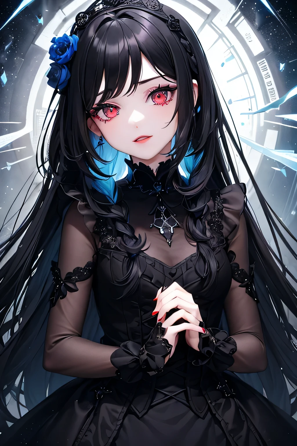 1 girl,Depp's Sense,confused,catch light,Super beautiful illustration,Ice fragments,(black color,long hairstyles:1.3),dark dark eyeshadow,bright red lipstick,Gothic ta,;d,beautiful and delicate hair,delicate and detailed red eyes,blue shining light effect,ice aura