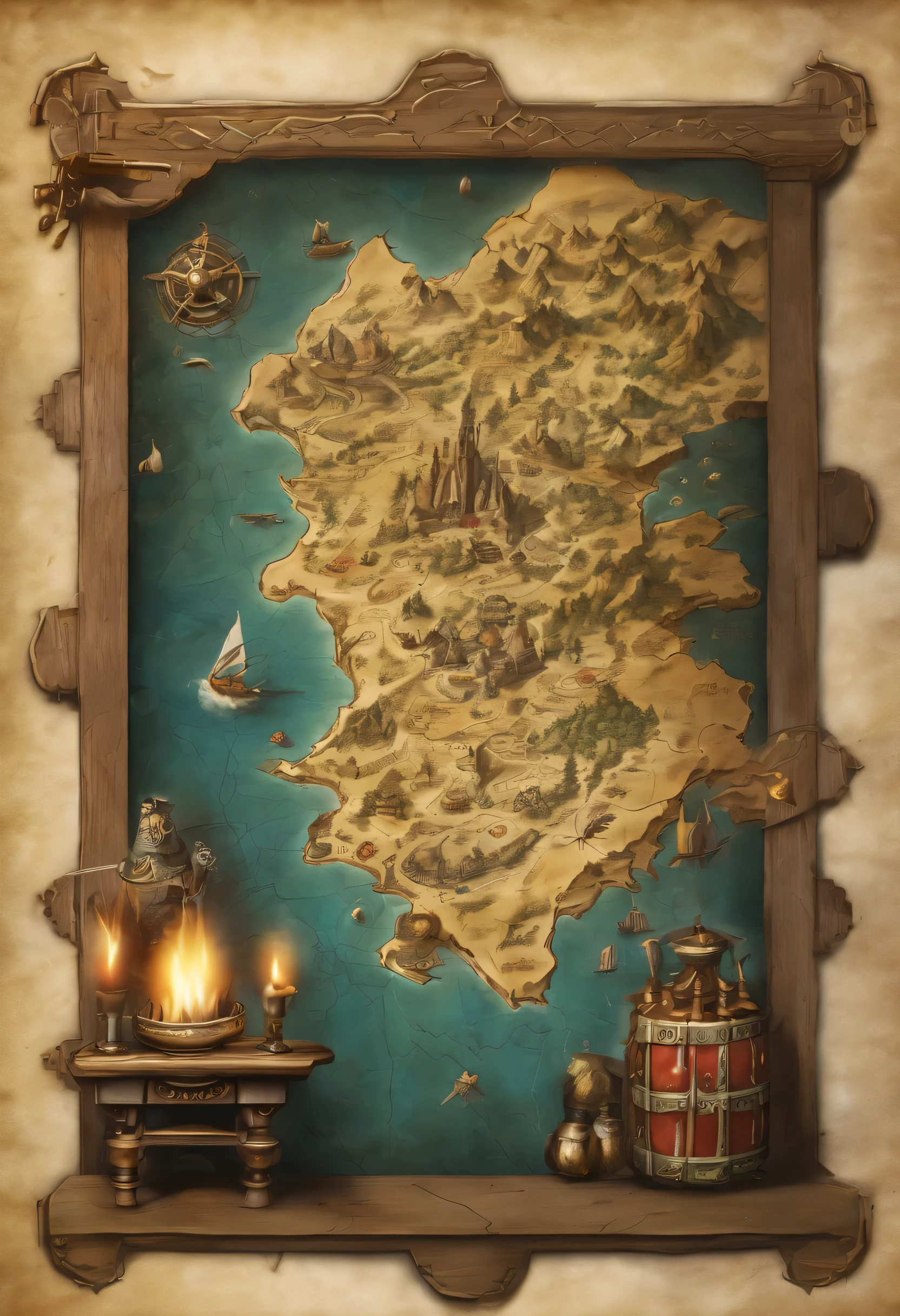(high quality,realistic,ultra-detailed,fine art,photorealistic:1.2),large, rustic wooden table with a High Fantasy treasure map skillfully rolled out on top, portraying intricate pathways and landmarks. The map displays a hidden dragon treasure hoard, shrouded in mystery and adventure. The corners of the map are slightly frayed, indicating its age and authenticity. Ancient symbols and enigmatic script are meticulously etched onto the parchment, providing ancient clues and hints to the location of the elusive dragon's wealth.
The table is adorned with various tools of exploration, such as a compass, magnifying glass, and an aged quill pen with a bottle of ink nearby. Candlelight softly illuminates the scene, casting dancing shadows on the map, adding an aura of enchantment. The flickering flames create a captivating atmosphere, enhancing the overall sense of anticipation and excitement.
Delicate rays of sunlight gently filter through a nearby stained glass window, casting vibrant hues of emerald, sapphire, and gold onto the map's surface. The colors reflect the magical elements present in the realm where the treasure is said to reside, further captivating the viewers.
Around the table, a group of intrepid adventurers gather, their faces filled with curiosity and determination. Dressed in a mixture of medieval armor, flowing cloaks, and rugged explorer attire, they eagerly study the map's details, discussing potential routes and deciphering cryptic symbols. Their enthusiasm and camaraderie symbolize the unity forged during this grand quest for unimaginable wealth and glory.
As the adventurers meticulously trace the map's intricate paths and decipher the hidden clues, sparkles of magic emanate from the map, hinting at the mysterious powers that guard the dragon's treasure hoard. The air is filled with an undercurrent of anticipation, as the adventurers prepare to embark on a perilous journey into the unknown, their brave hearts driven by the promise of untold riches and fabled artifacts.
With each detail carefully crafted and every element suffused with a sense of wonder, the scene comes alive, immersing the viewer in the rich tapestry of a High Fantasy world. The prompt sets the stage for Stable Diffusion to generate an awe-inspiring image that captures the essence of adventure, magic, and the quest for treasure.