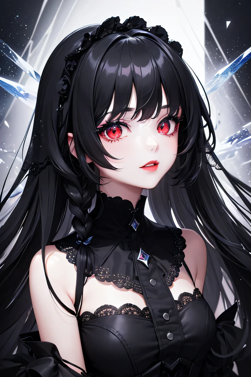 1 girl,Depp's Sense,confused,catch light,Super beautiful illustration,Ice fragments,(black color,long hairstyles:1.3),dark dark eyeshadow,bright red lipstick,Gothic Lolita,;d,beautiful and delicate hair,delicate and detailed red eyes,blue shining light effect,ice aura