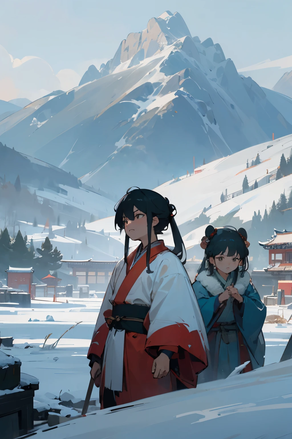 A painting in the style of Hayao Miyazaki, depicting a classic scene from Water Margin - Lin Chong at the Mountain God Temple in a snowstorm. The artwork focuses on Lin Chong in a tattered war robe with a determined yet despairing expression, surrounded by snowy mountains and a dilapidated Mountain God Temple. The scene captures Lin Chong's tragic valor against the harshness of the natural environment, in a delicate, dreamy, and detailed East Asian animated style