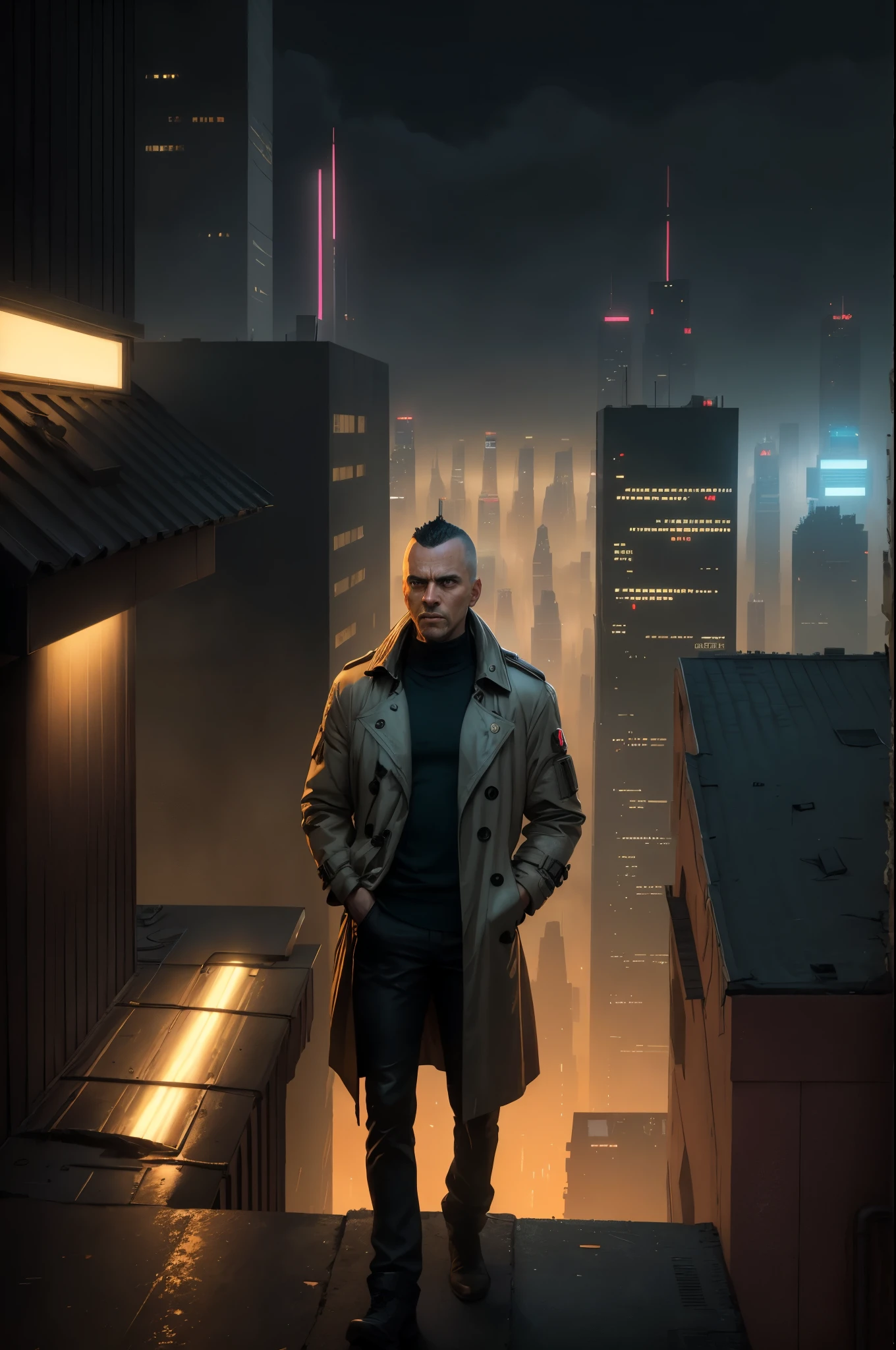 A man, 45 years old, brown eyes, hair shaved on the sides, combed back, unshaven, wearing a dark trench coat with the collars turned up. Hands in his pockets, He is leaning against the parapet of a building, observing from above the night of the cyberpunk city below in the background. Background futuristic cyberpunk make it realistic, Blade Runner, 8k, ultra hd
