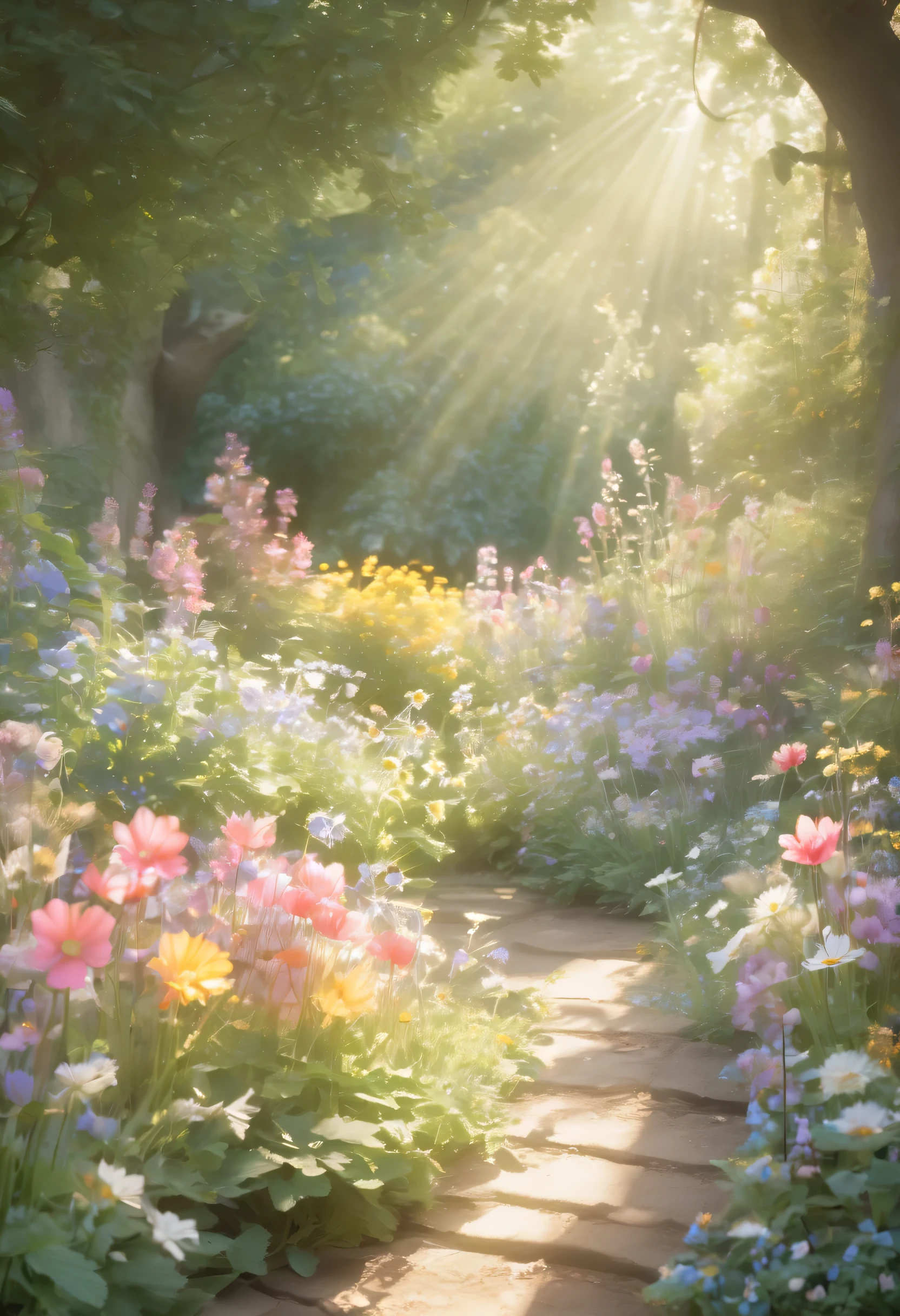 Colorful flowers bloom in the shady garden, Styled with a rich color palette, Exquisite mark, with the sun shining on it, beatrix potter, glow softly, Agfa Vista, prairiecore