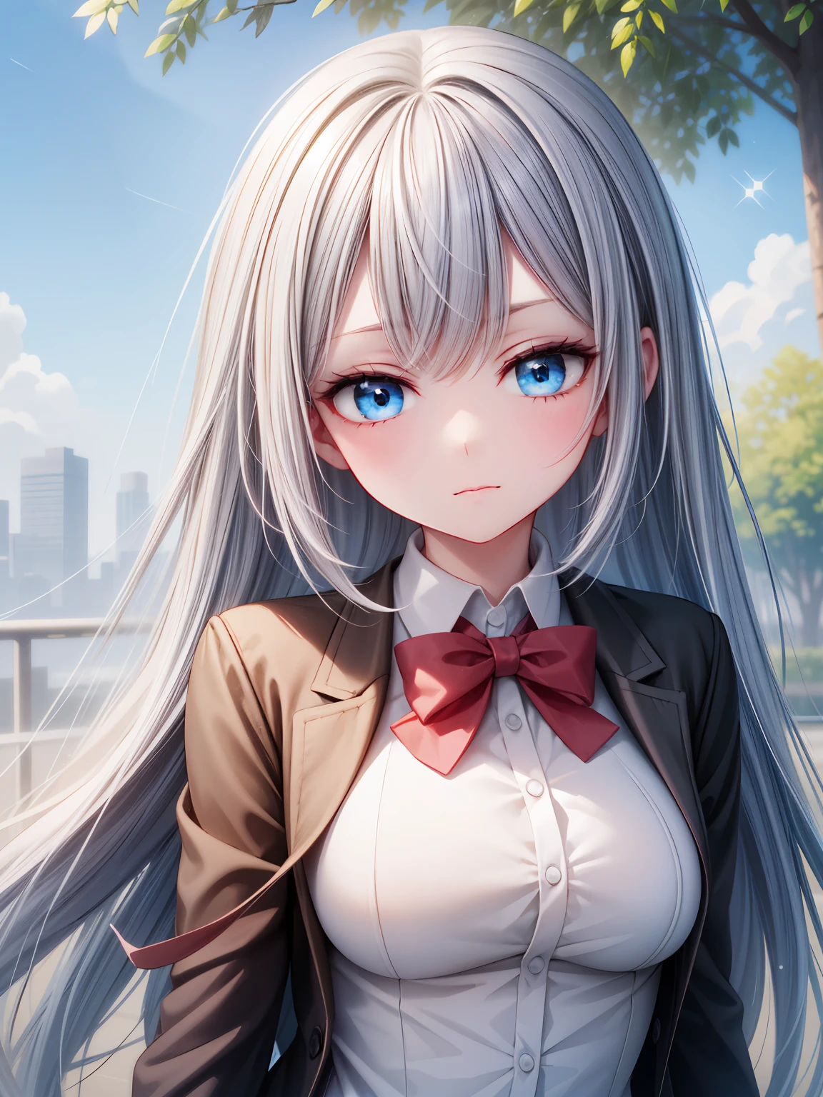 solo girl, 20 years old, upper body,standing,long hair,hair flowing with wind, looking at viewer, silver hair, blue eyes, sparkle eyes, blush, small bosom, school uniform, blazer, blue sky,tree,insanely detailed, absurdres, ultra-highres, ultra-detailed, best quality
,slender, kawaii, perfect symmetrical face, ultra cute girl, ultra cute face, ultra detailed eyes, ultra detailed hair, ultra cute, ultra beautiful