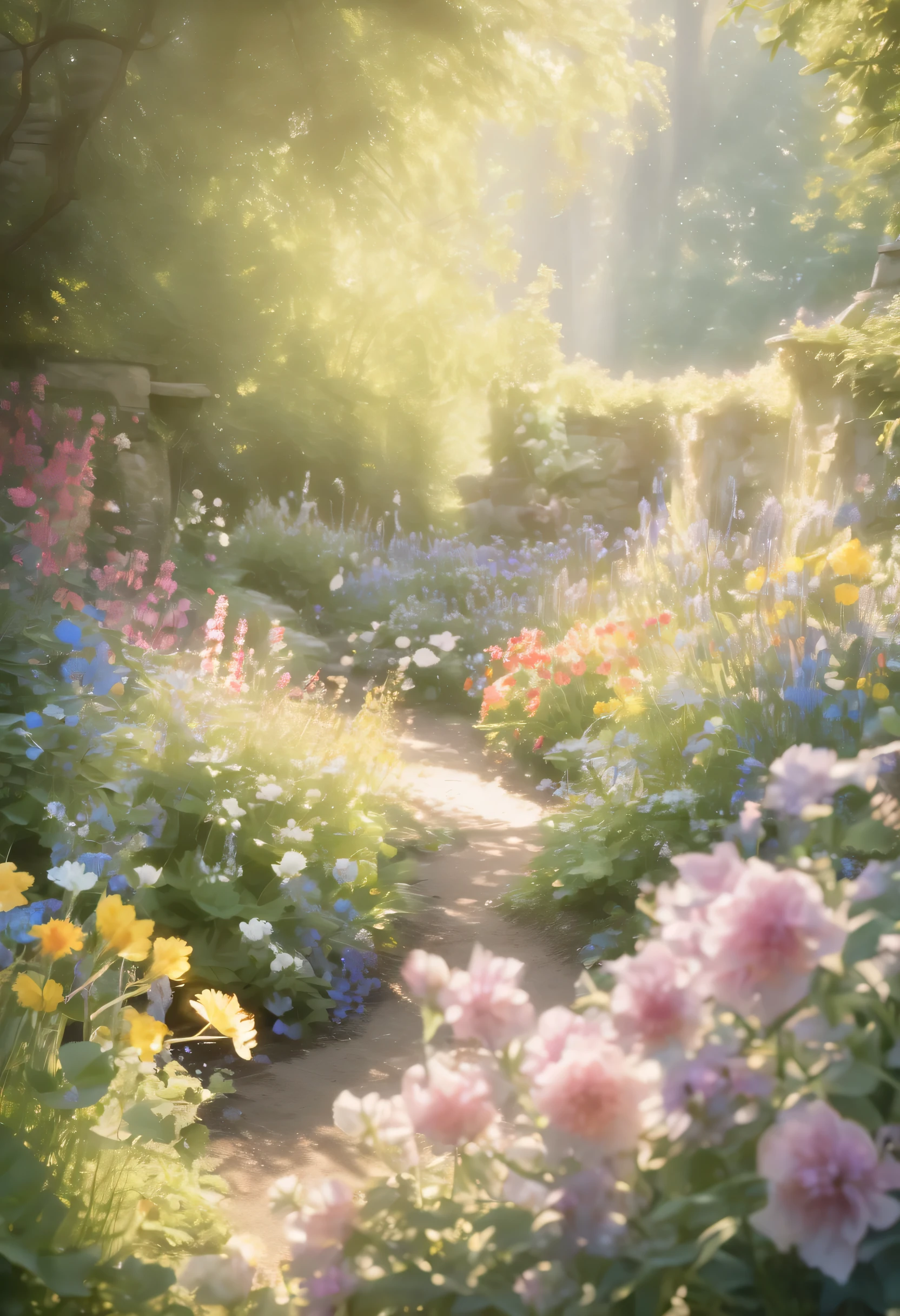 Colorful flowers bloom in the shady garden, Styled with a rich color palette, Exquisite mark, with the sun shining on it, beatrix potter, glow softly, Agfa Vista, prairiecore