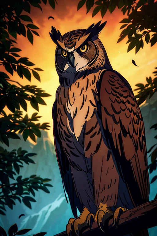 Eurasian eagle owl,brown eyes,bird of prey,sitting on a branch,nighttime,peaceful atmosphere,mappa art style,majestic,beautiful feathers,intense gaze,proud posture,imposing silhouette,sharp talons,feathery details,lush foliage surrounding the owl,dimly lit scene,dark color palette,dreamy ambiance,mystical aura,majestic creature