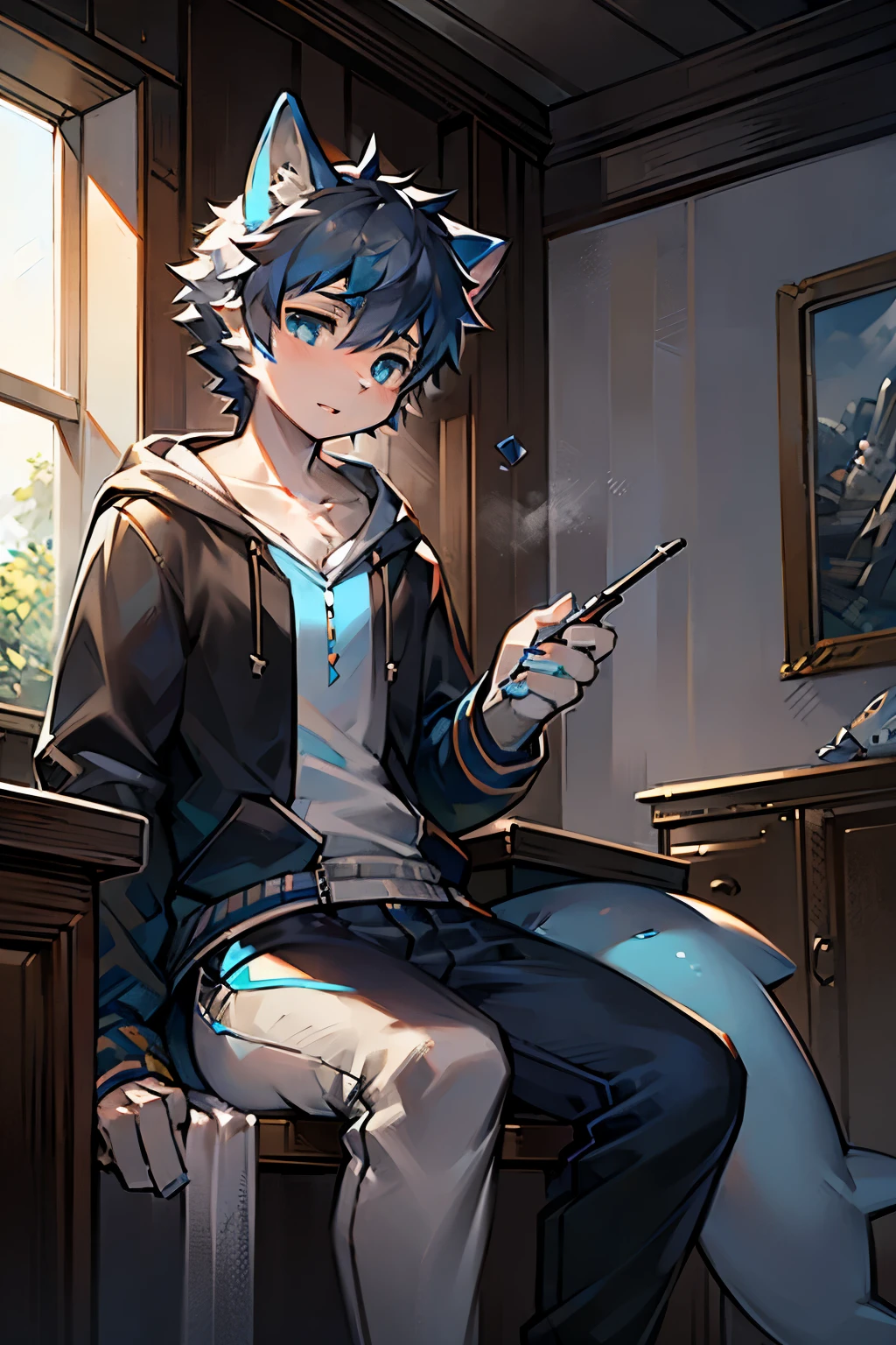 1 boy, Wolf, blue fur, young people, blue eyes, messy hair, blue white hair, short hair, masterpiece, Pure white shorts,Squatting,Looking up at the camera,Put your feet in the center of the lens,blush,Open your mouth and breathe in the mist, peeing pants, pee stain