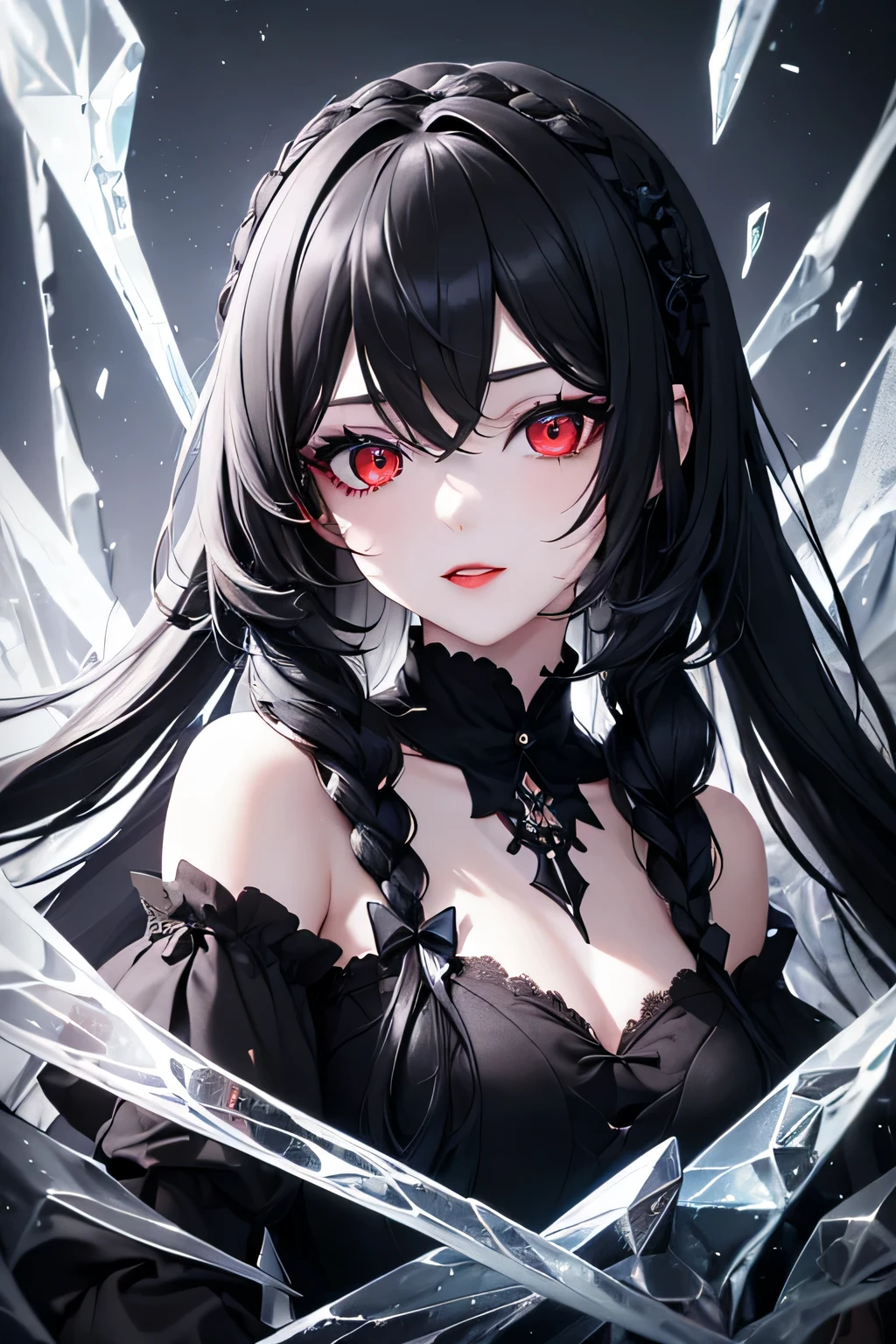 1 girl,Depp's Sense,confused,catch light,Super beautiful illustration,Ice fragments,(black color,long hairstyles:1.3),dark dark eyeshadow,bright red lipstick,Gothic Lolita,;d,beautiful and delicate hair,delicate and detailed red eyes,blue shining light effect,ice aura