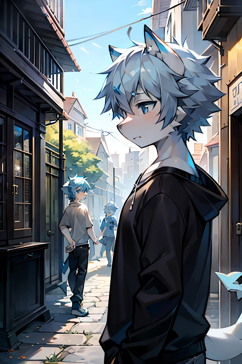 1 boy, shark, White,gray and blue fur, young people, blue eyes, messy hair, White的头发, short hair, masterpiece, Very detailed, Casual Clothing