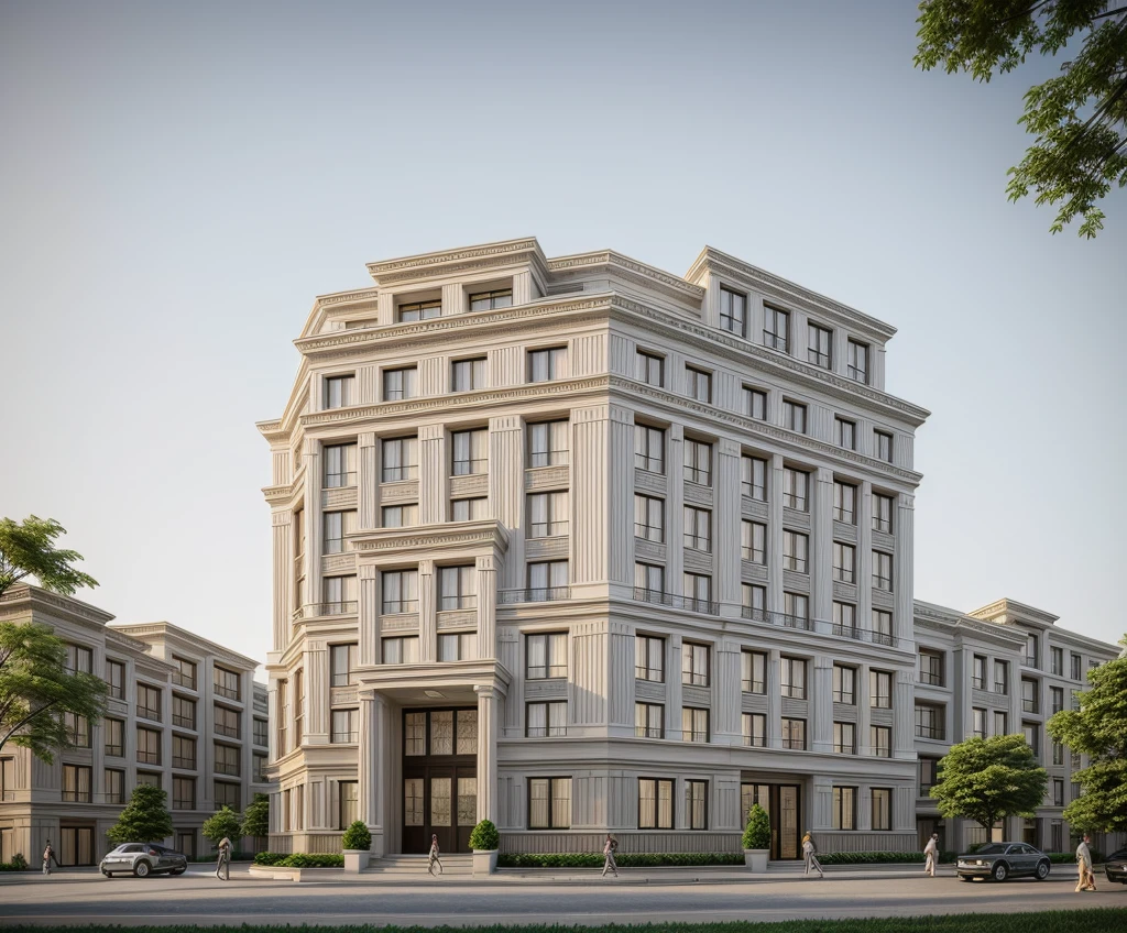 a rendering of a row of modern apartment buildings with balconies, neo - classical style, neo - classical, neo-classical, wide angle exterior 2022, precise architectural rendering, neoclassical style, exterior design, inter dimensional villa, high quality rendering, architectural rendering, residential, neo classical architecture, ultra realistic rendering, rich house, architectural visualization