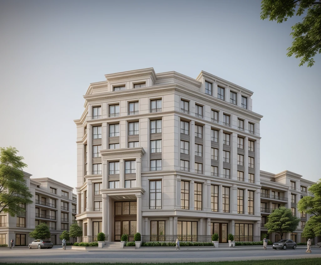 a rendering of a row of modern apartment buildings with balconies, neo - classical style, neo - classical, neo-classical, wide angle exterior 2022, precise architectural rendering, neoclassical style, exterior design, inter dimensional villa, high quality rendering, architectural rendering, residential, neo classical architecture, ultra realistic rendering, rich house, architectural visualization