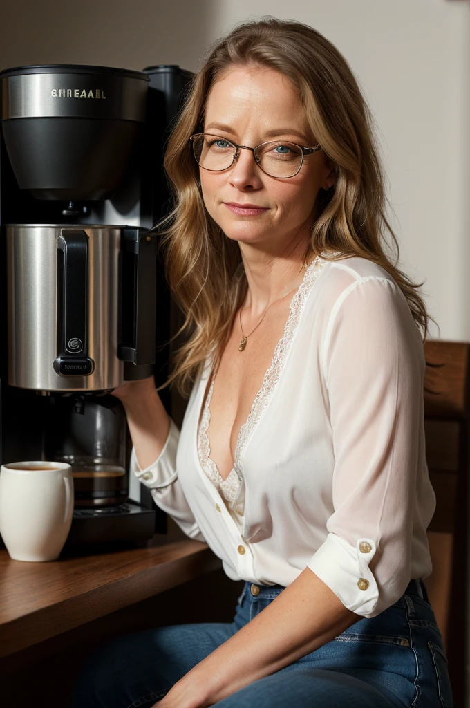 Jodie Foster,cleavage,blonde aged,long hair,light brown eyes,spectacled,jeans,white lace blouse,coffee maker,(best quality,4k,8k,highres,masterpiece:1.2),ultra-detailed,(realistic,photorealistic,photo-realistic:1.37),portrait,vivid colors,soft lighting