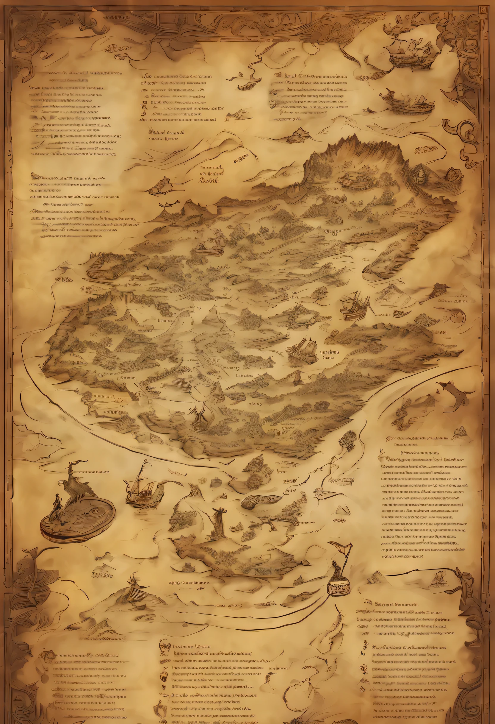 High Fantasy treasure map rolled out on a table, it has many clues to a dragon treasure hoard