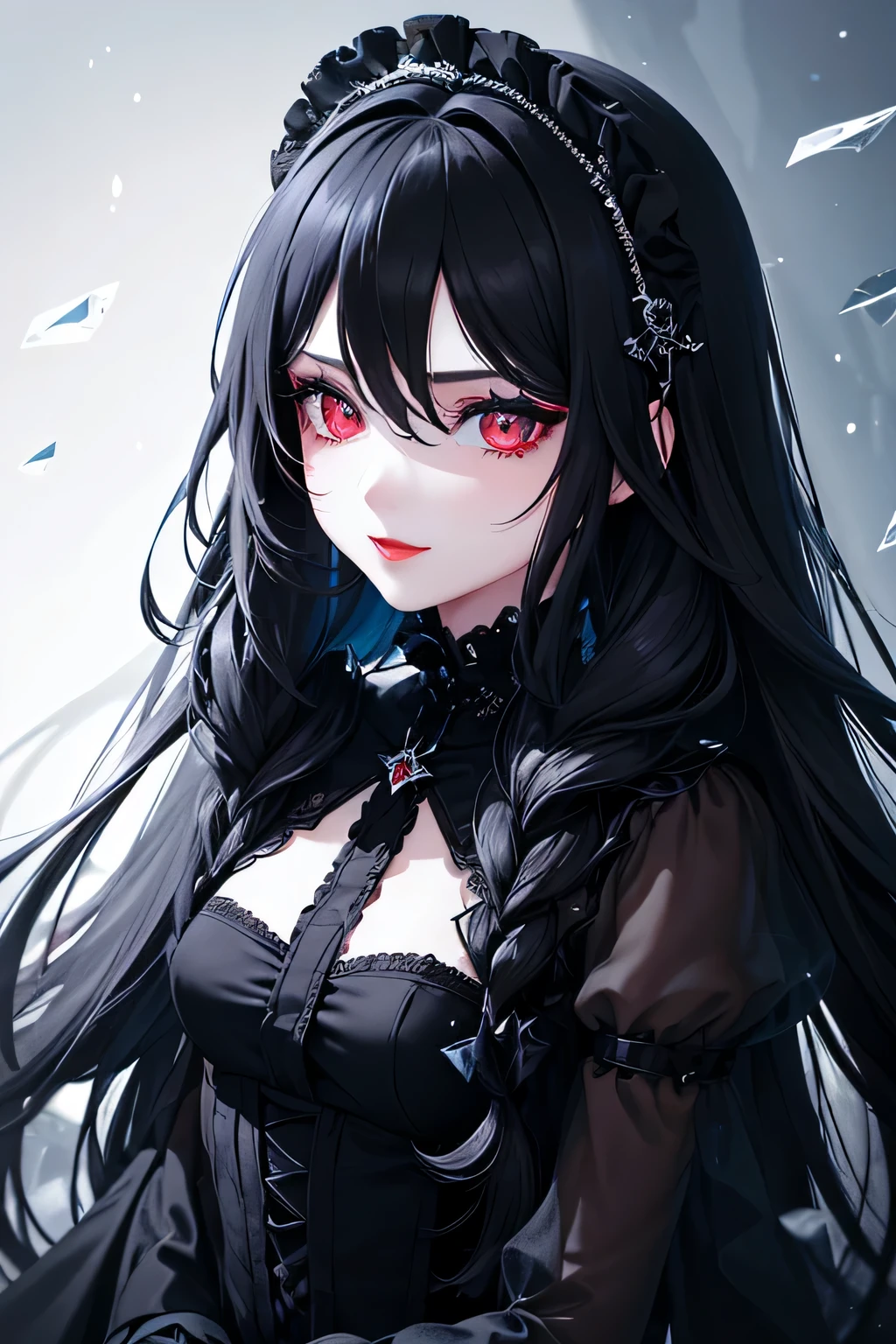 1 girl,Depp's Sense,confused,catch light,Super beautiful illustration,Ice fragments,(black color,long hairstyles:1.3),dark dark eyeshadow,bright red lipstick,Gothic ta,;d,beautiful and delicate hair,delicate and detailed red eyes,blue shining light effect