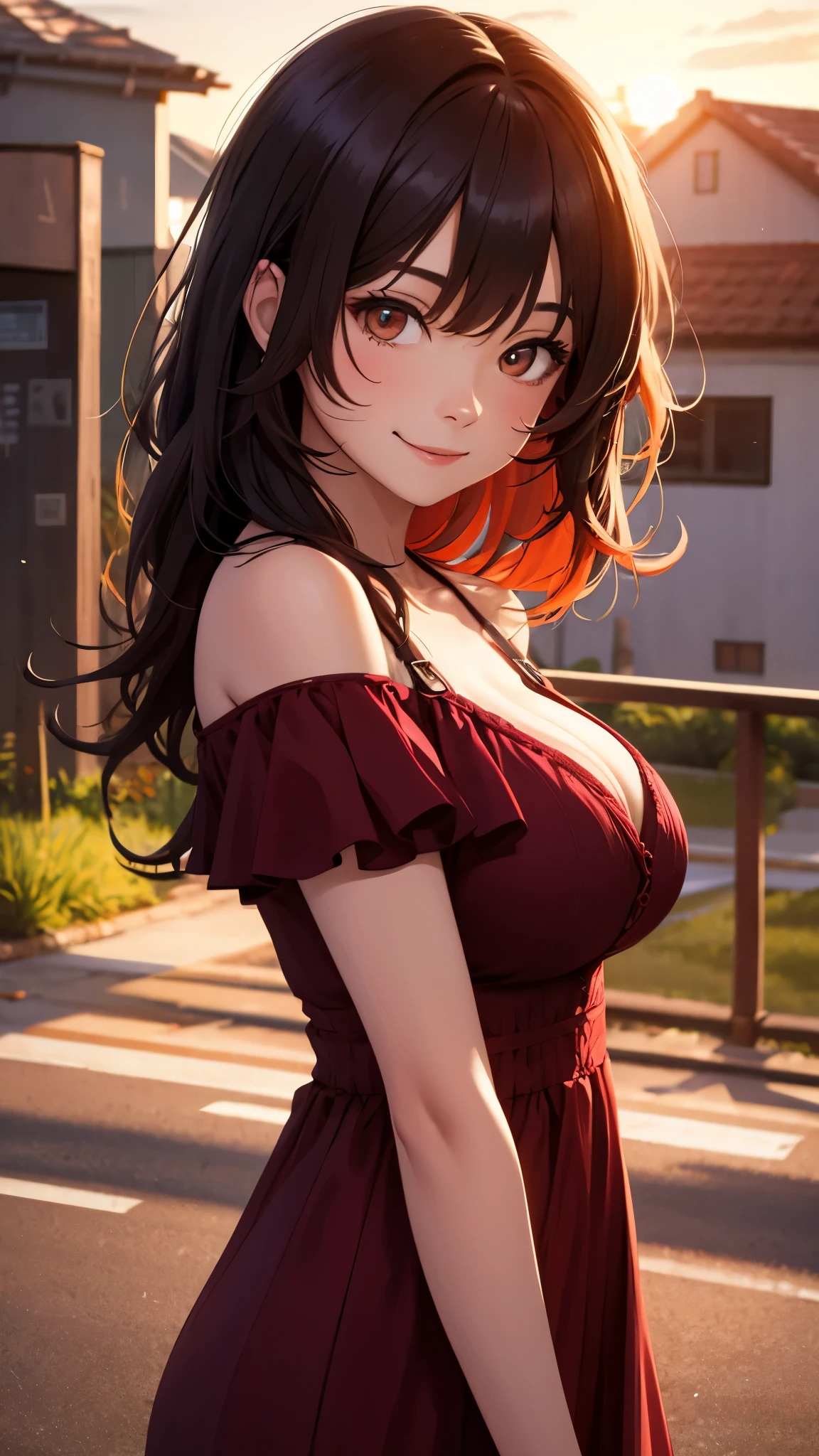 nar_red_sunset,Smile，portrait，Sunny，Off the shoulder dress，big breasts